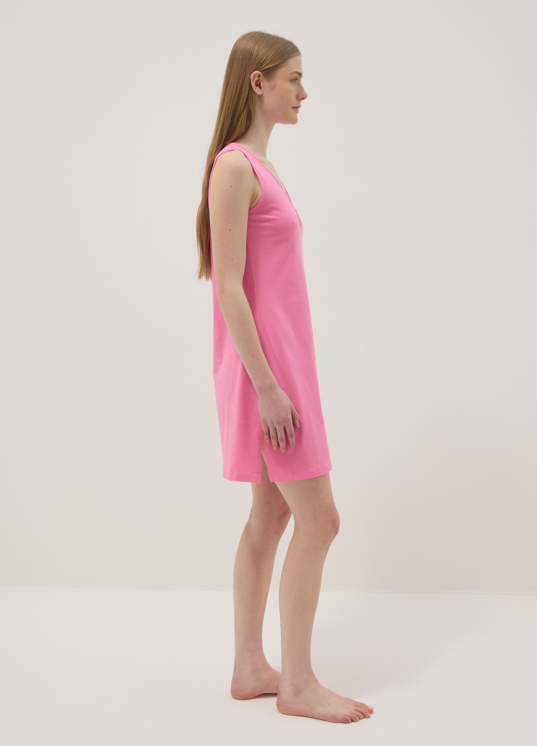 Pink pure cotton nightdress with V-neck