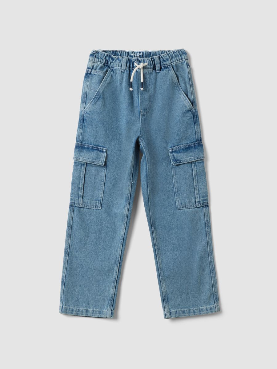 Light blue denim cargo jeans in cotton-viscose blend, straight fit_0