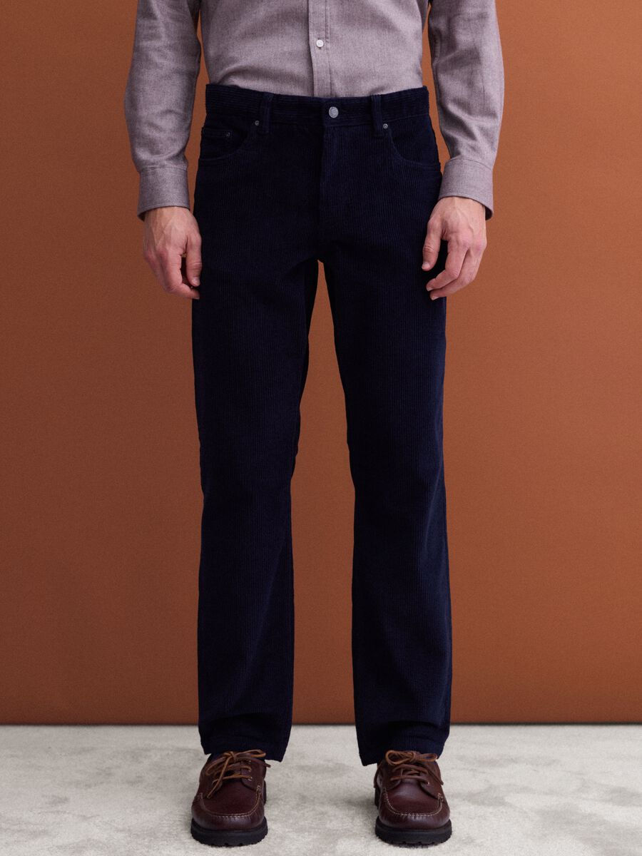 Navy ribbed stretch-cotton regular-fit trousers_1