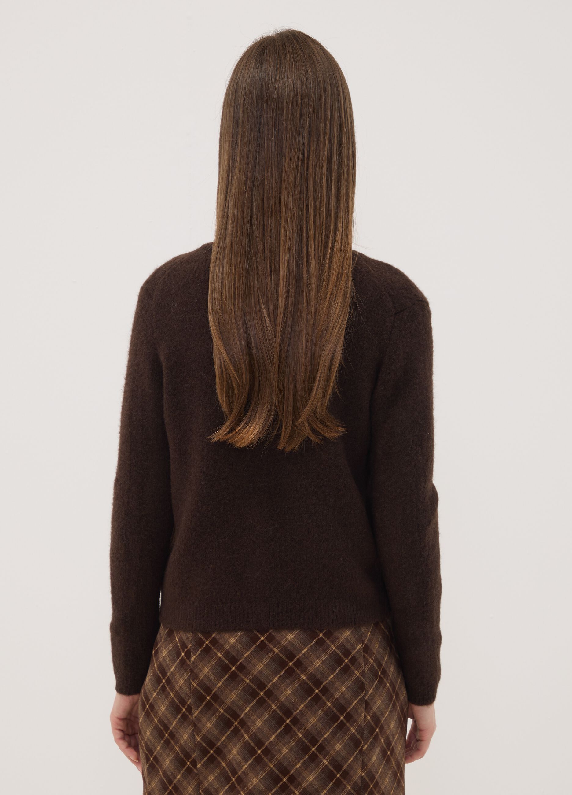 Brown stretch wool crew-neck cardigan, regular fit