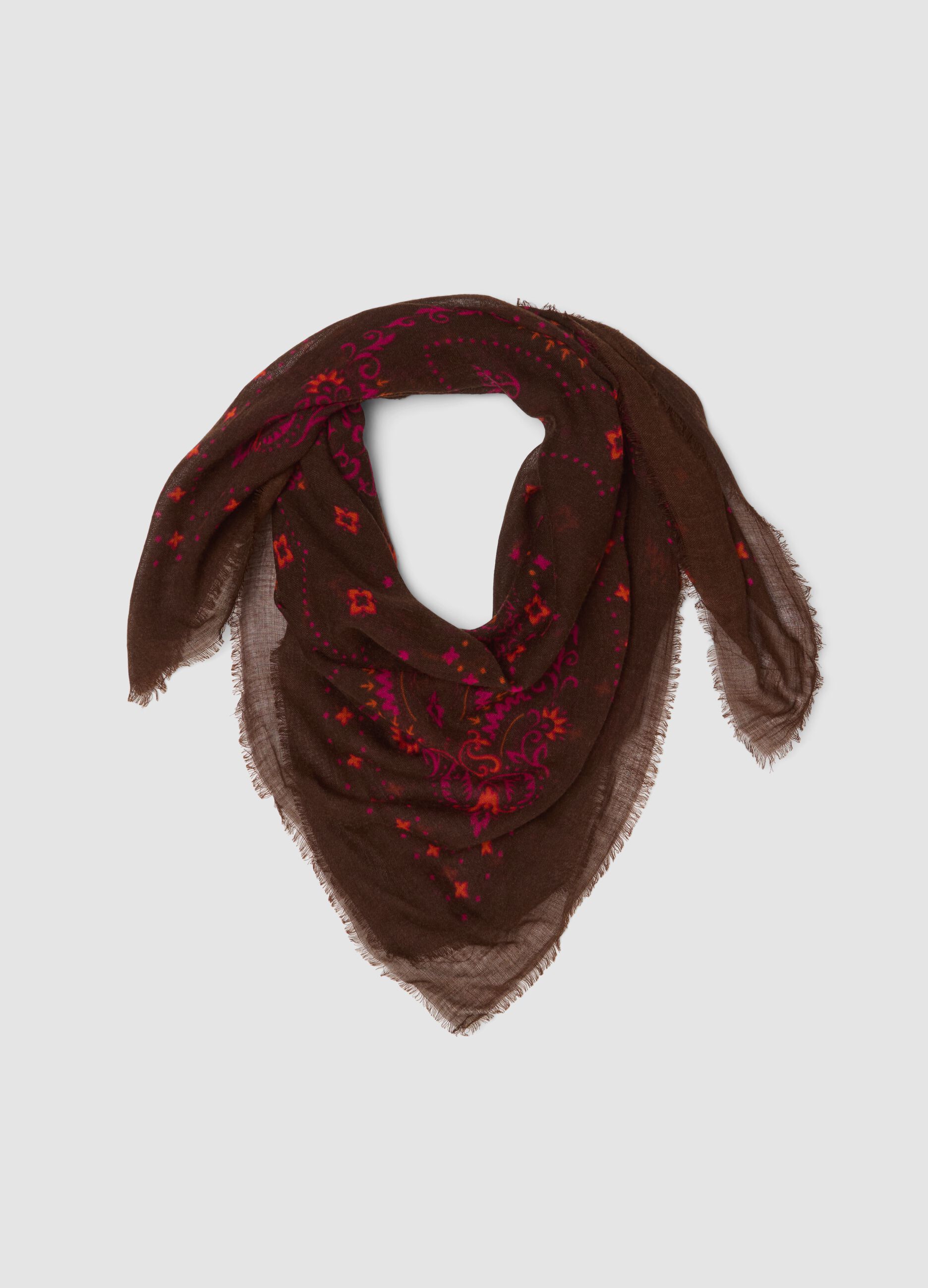 Foulard marrone in misto lana con stampa paisley
