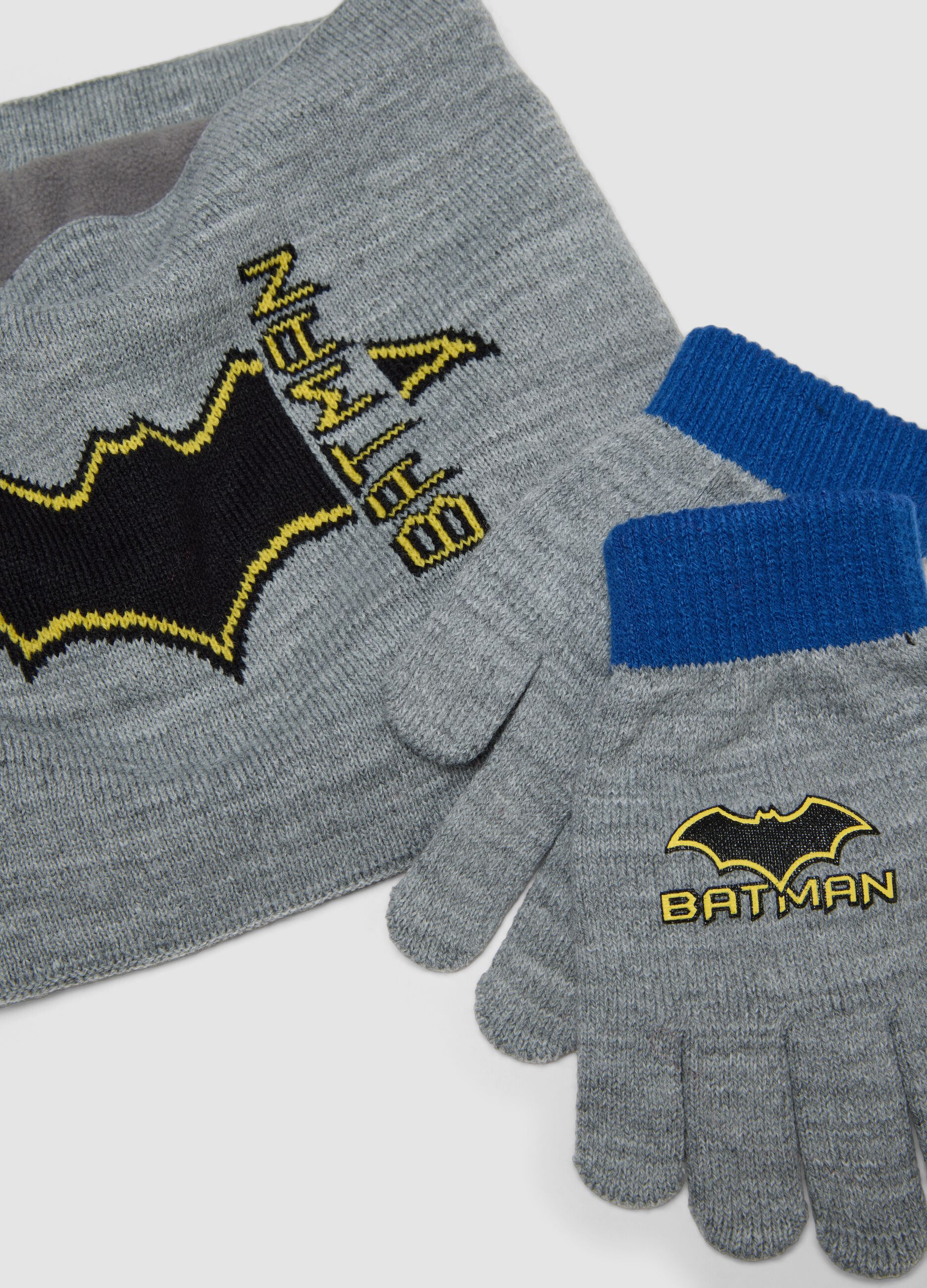 Grey Batman hat, neck warmer and gloves set
