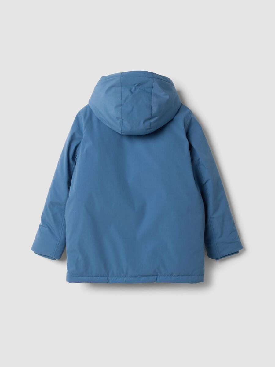 Long padded blue parka with detachable hood, oversized fit_1