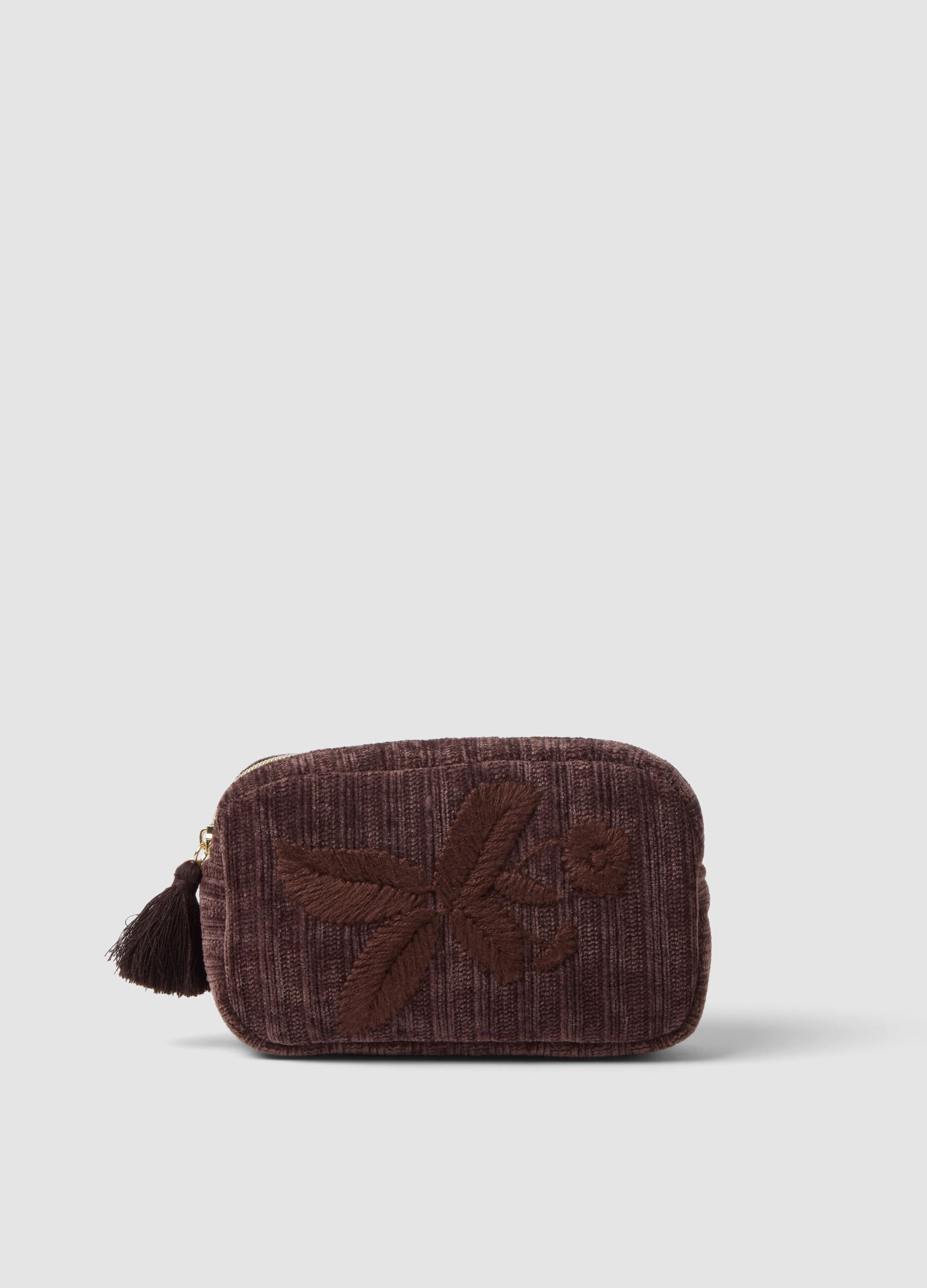Brown make-up bag with floral embroidery and tassel