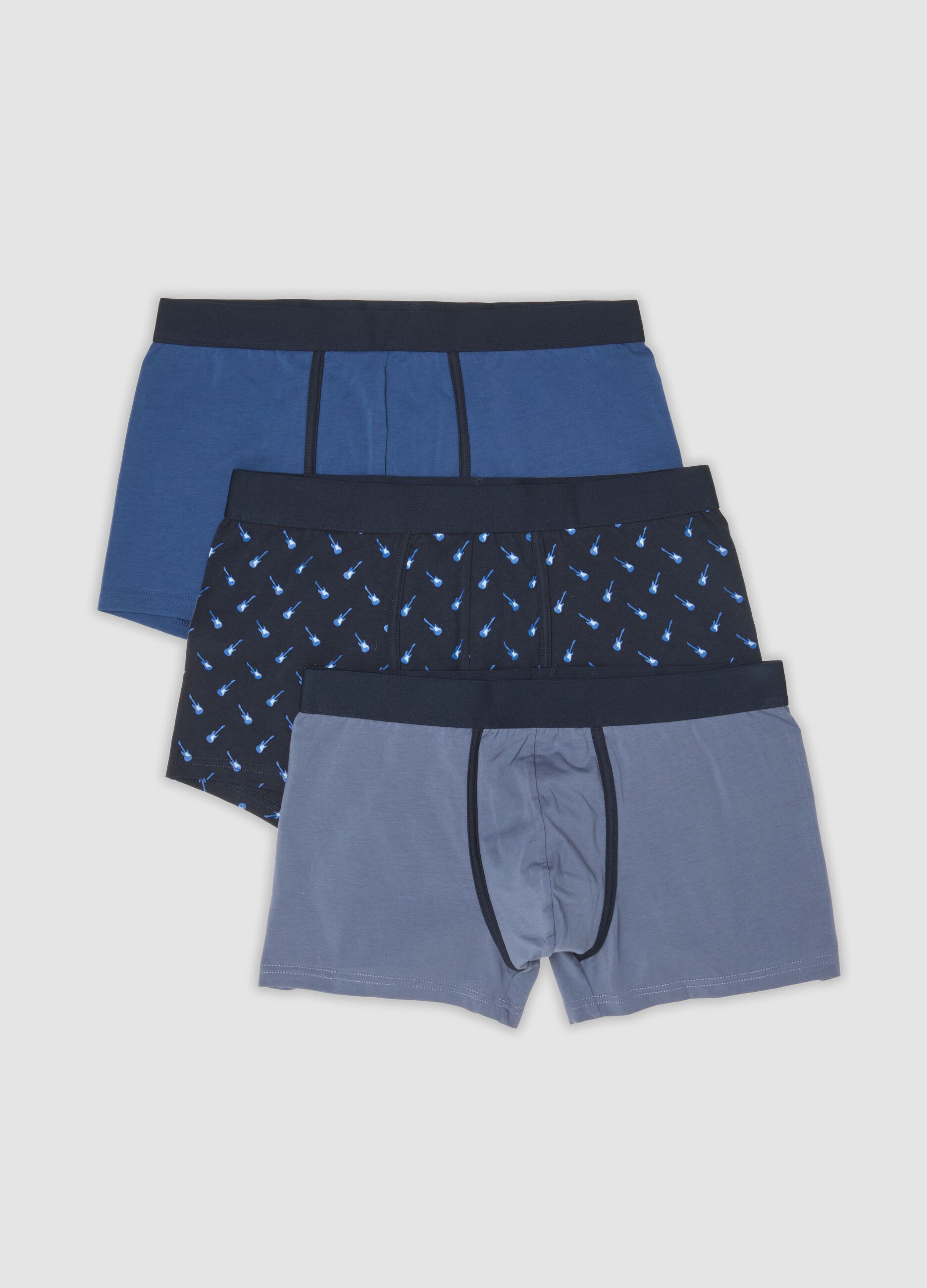 Three-pack of blue, navy and light grey stretch organic cotton boxers