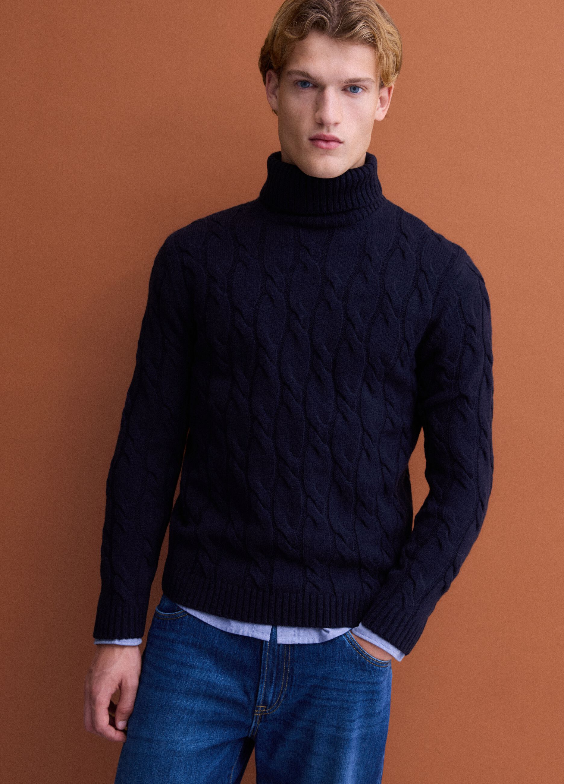 Navy blue cable-knit wool-blend regular-fit roll-neck jumper