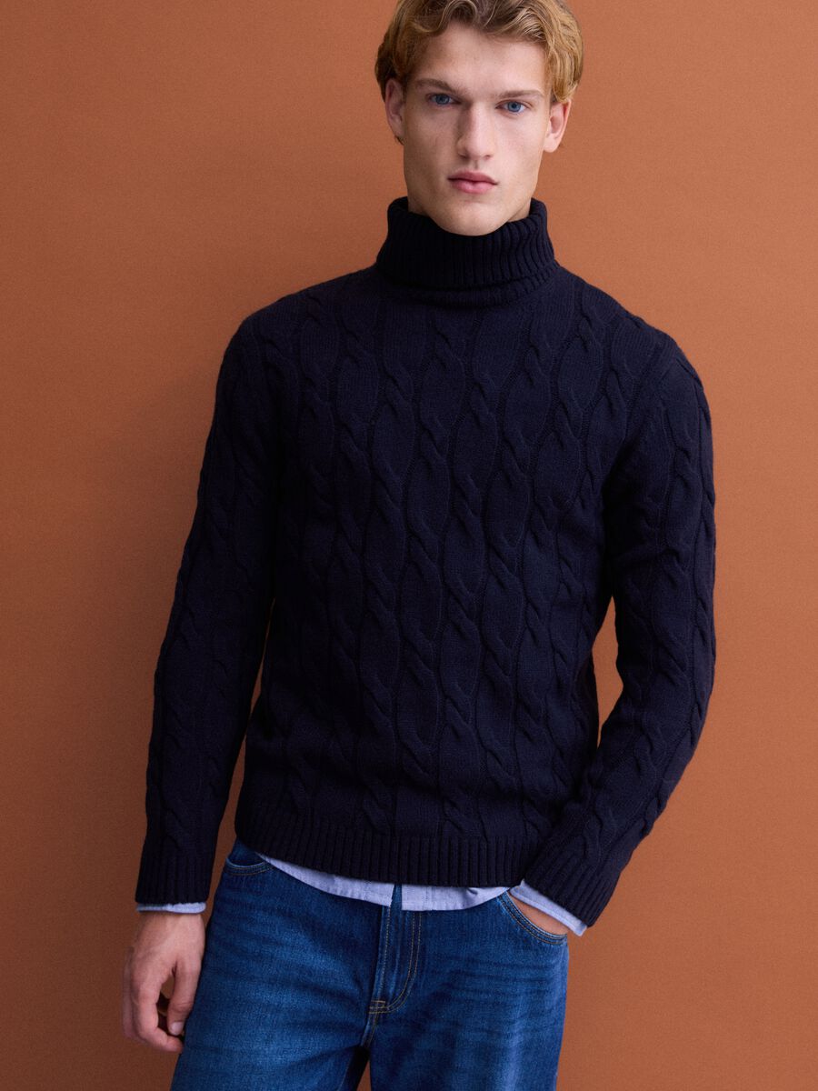 Navy blue cable-knit wool-blend regular-fit roll-neck jumper_0