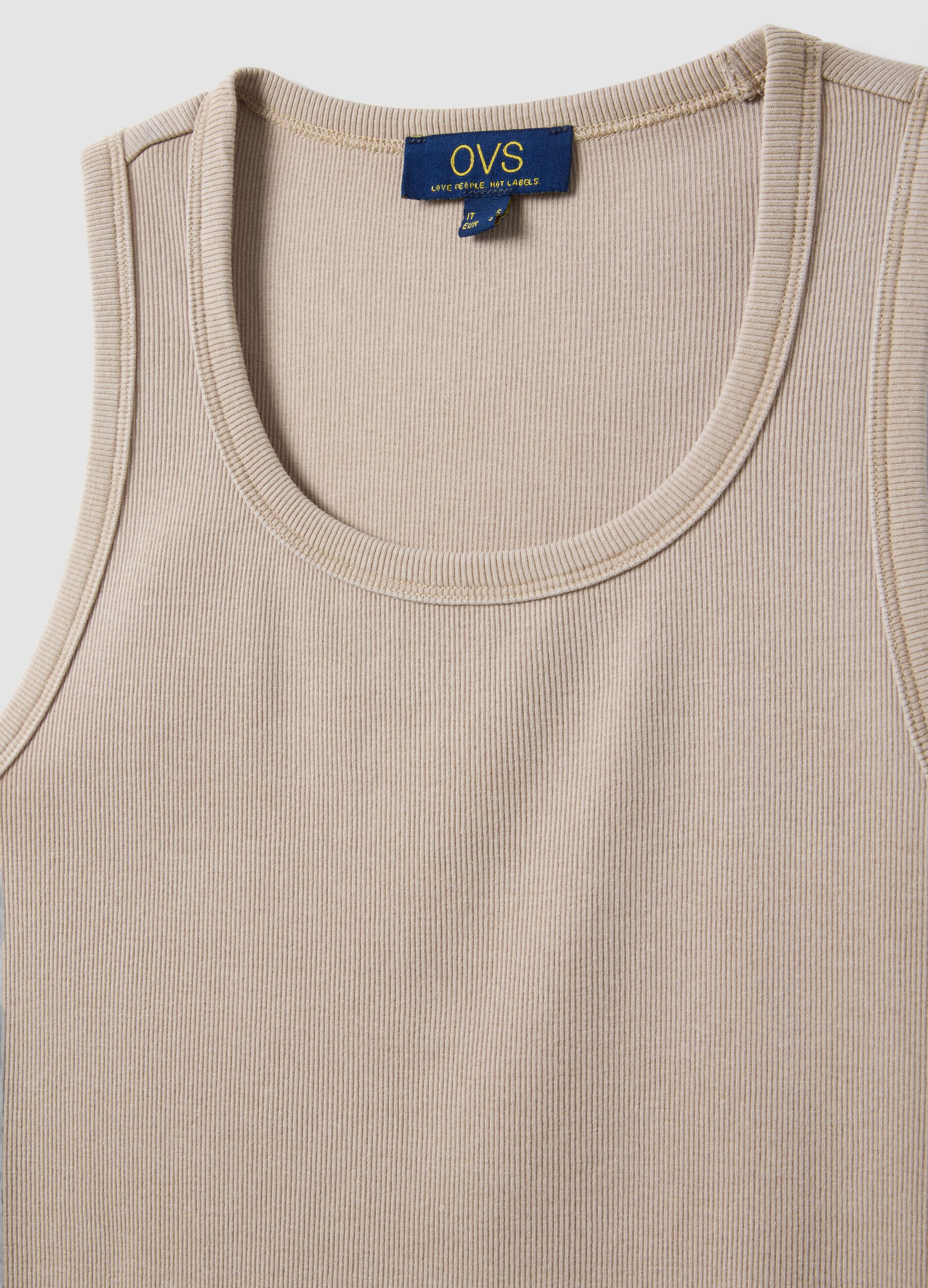 Beige stretch cotton vest top, regular fit