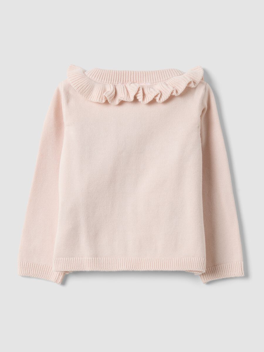 Pink pure organic cotton baby girl cardigan with ruffled collar_1