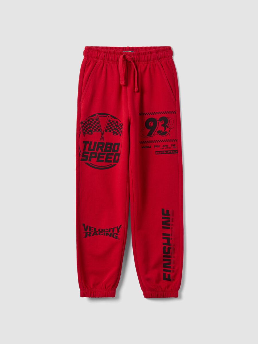 Red pure cotton jogger trousers with racing print_0