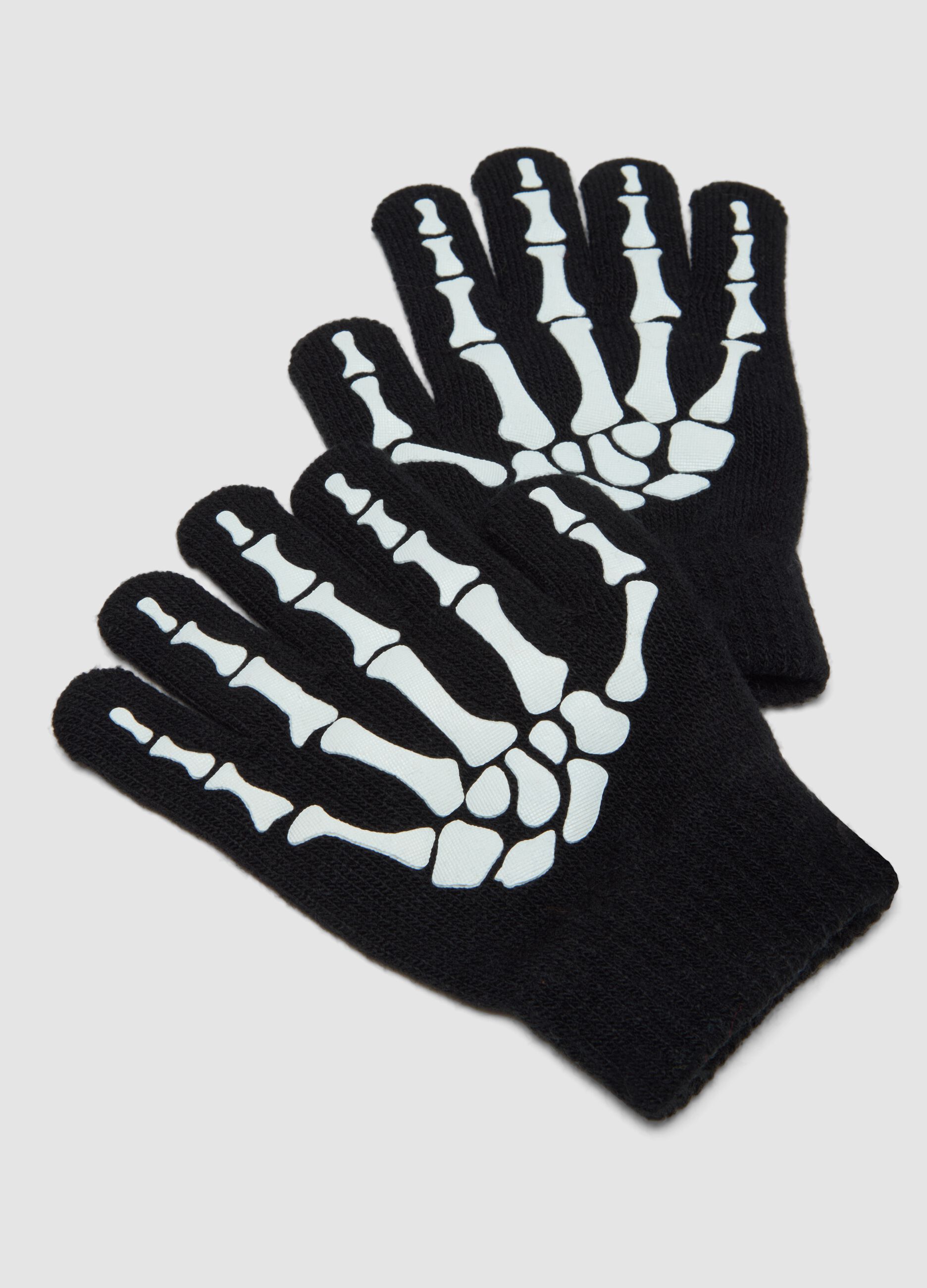 Black stretch-fabric gloves with skeleton print