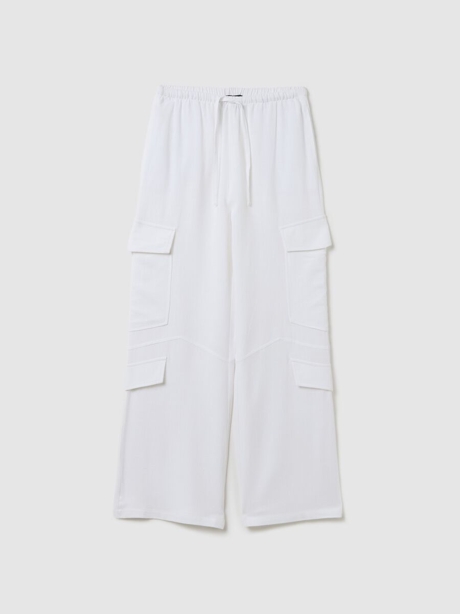 White Linen Wide-Leg Cargo Trousers_4