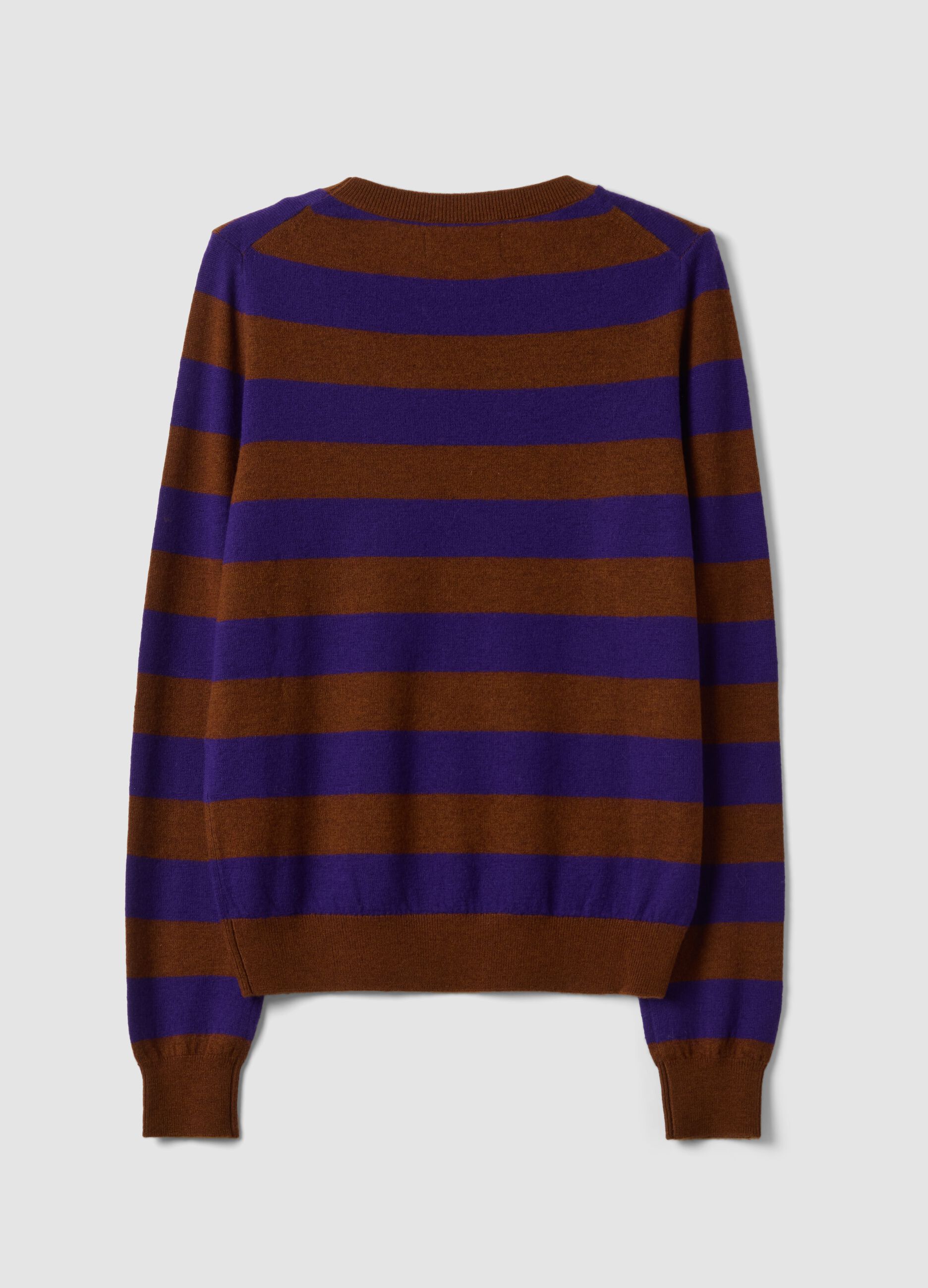 Maglia viola in pura lana a righe con girocollo