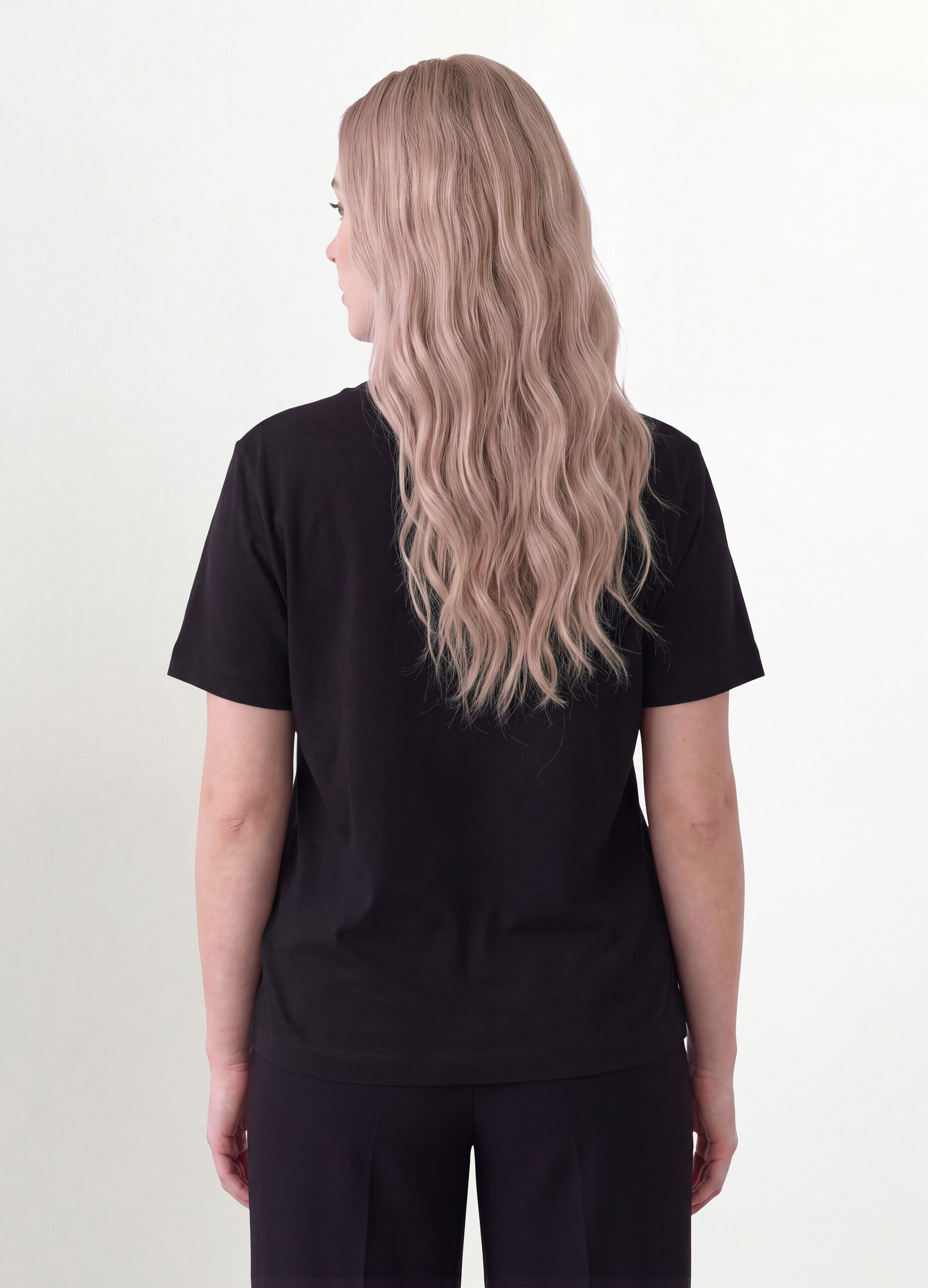 Black pure cotton T-shirt with floral print, regular fit