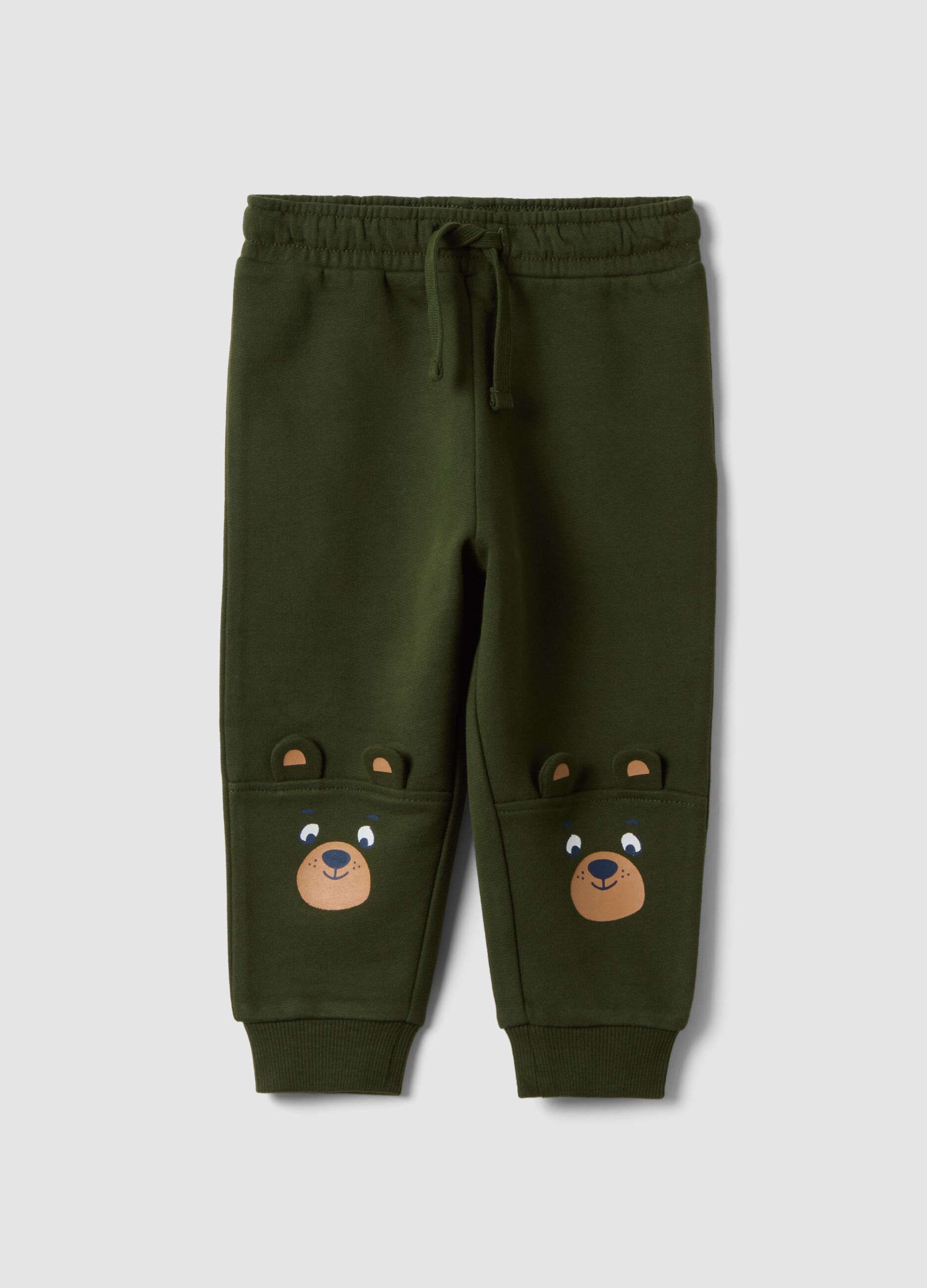 Green pure cotton over-fit joggers with teddy bear print
