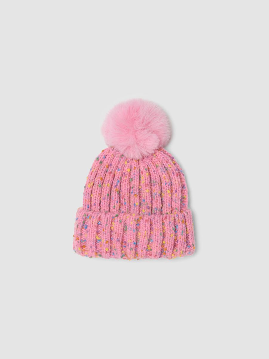 Pink rib-knit hat with pompom_0