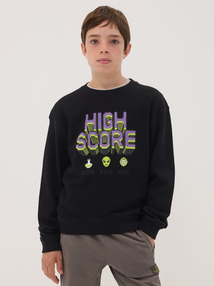 Black pure cotton sweatshirt with gaming print and crew neck_0