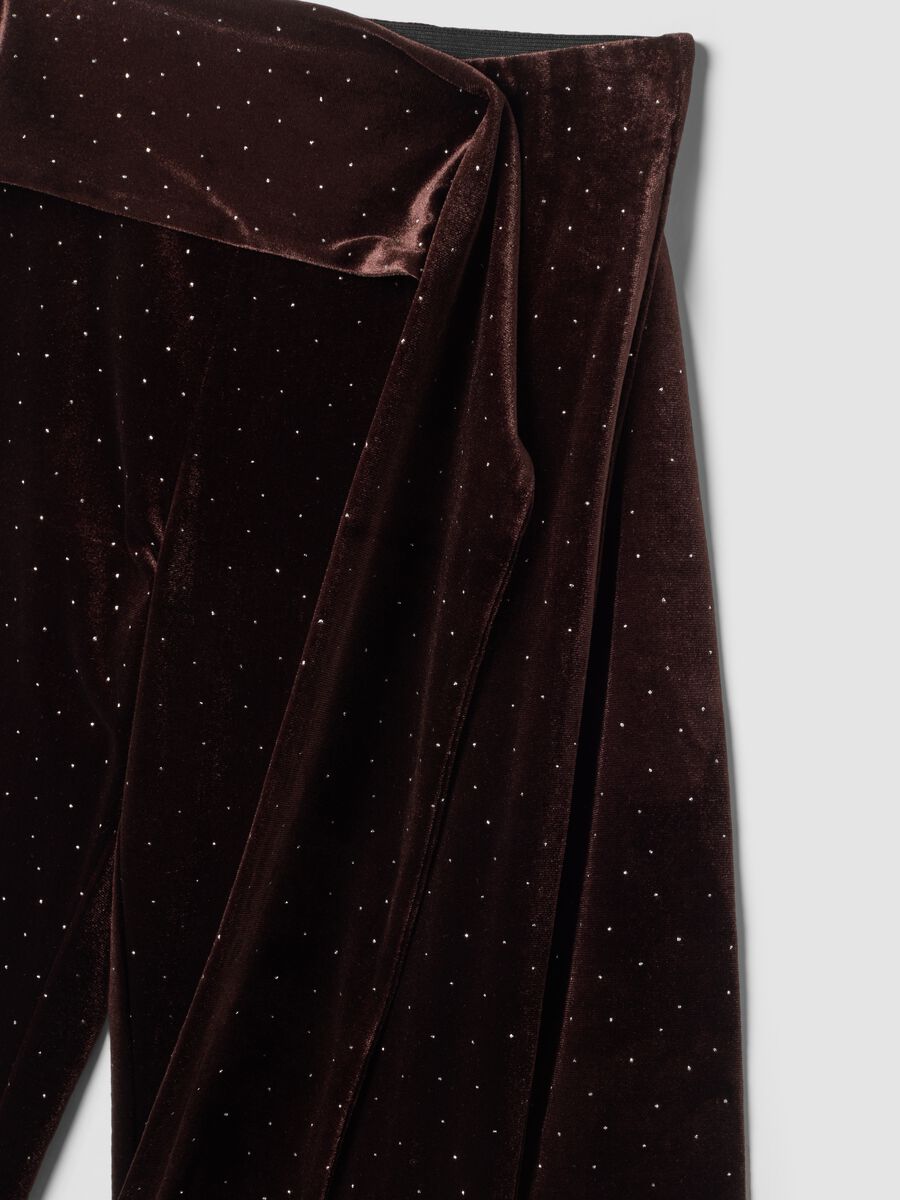 Brown stretch velour flared trousers with waist tie_2