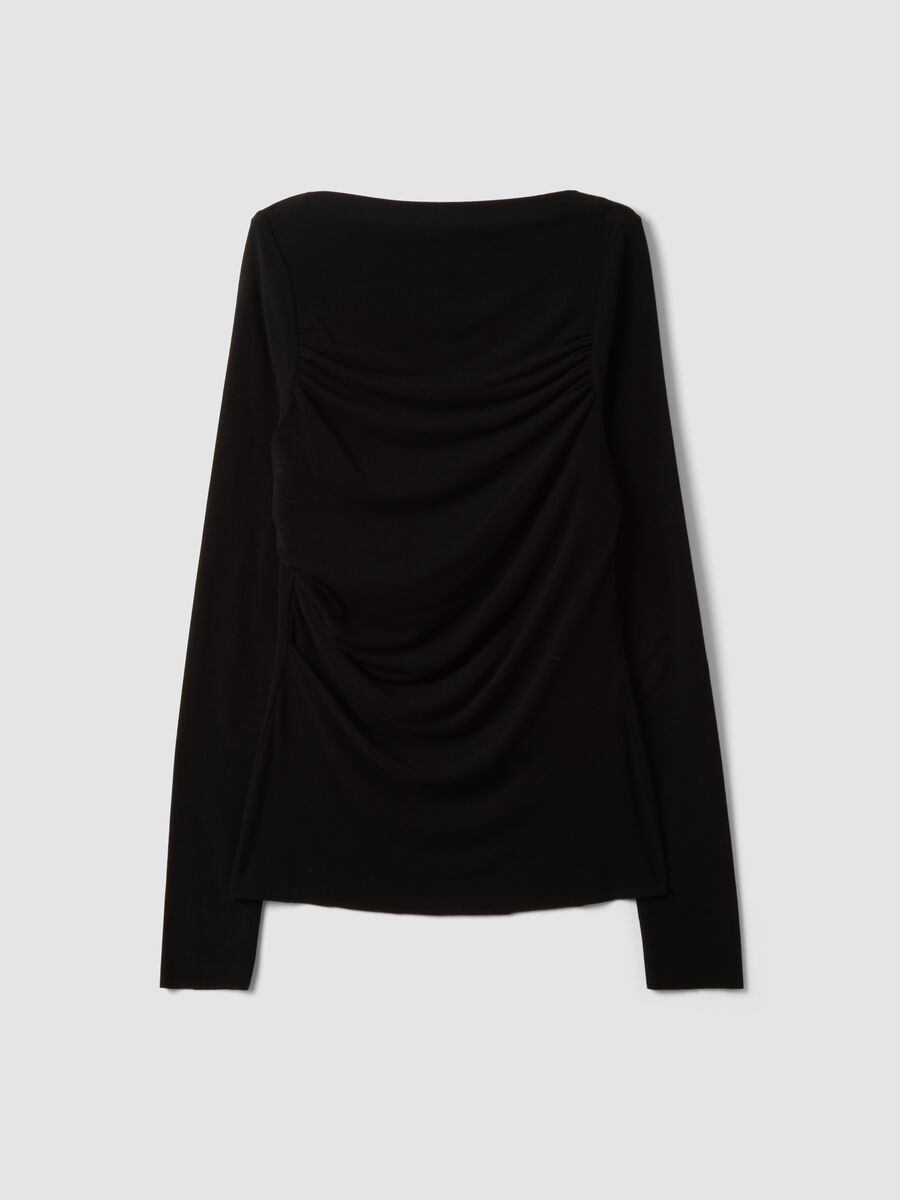 Black stretch viscose, silk and wool T-shirt with draping_4