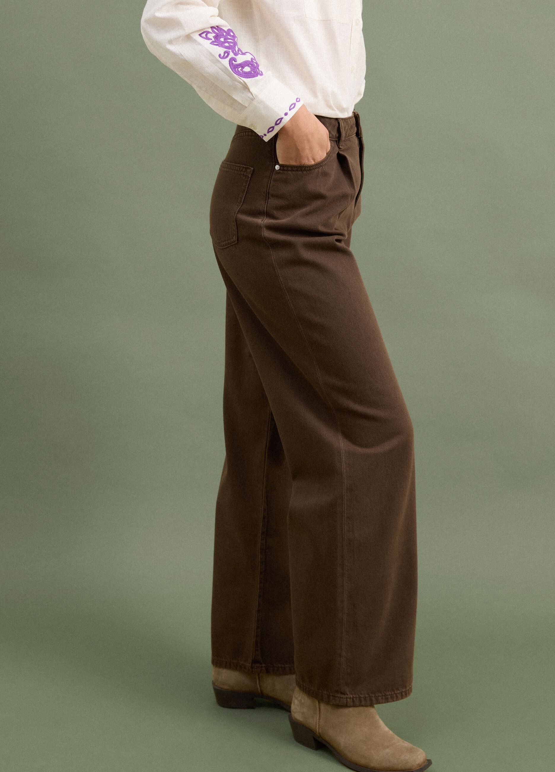 High-waisted wide-leg brown jeans in pure cotton