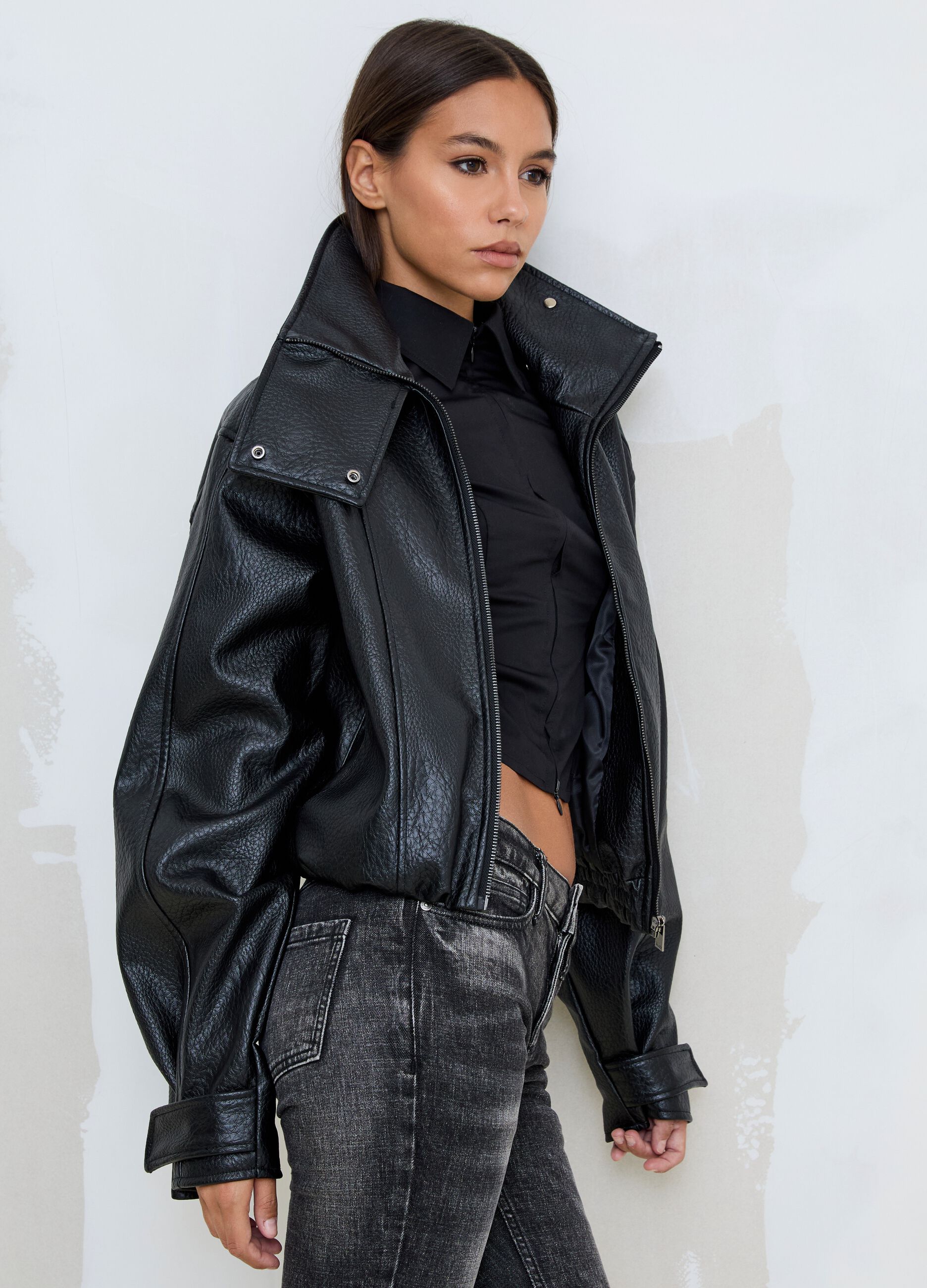 Black Oversized Faux Leather Jacket