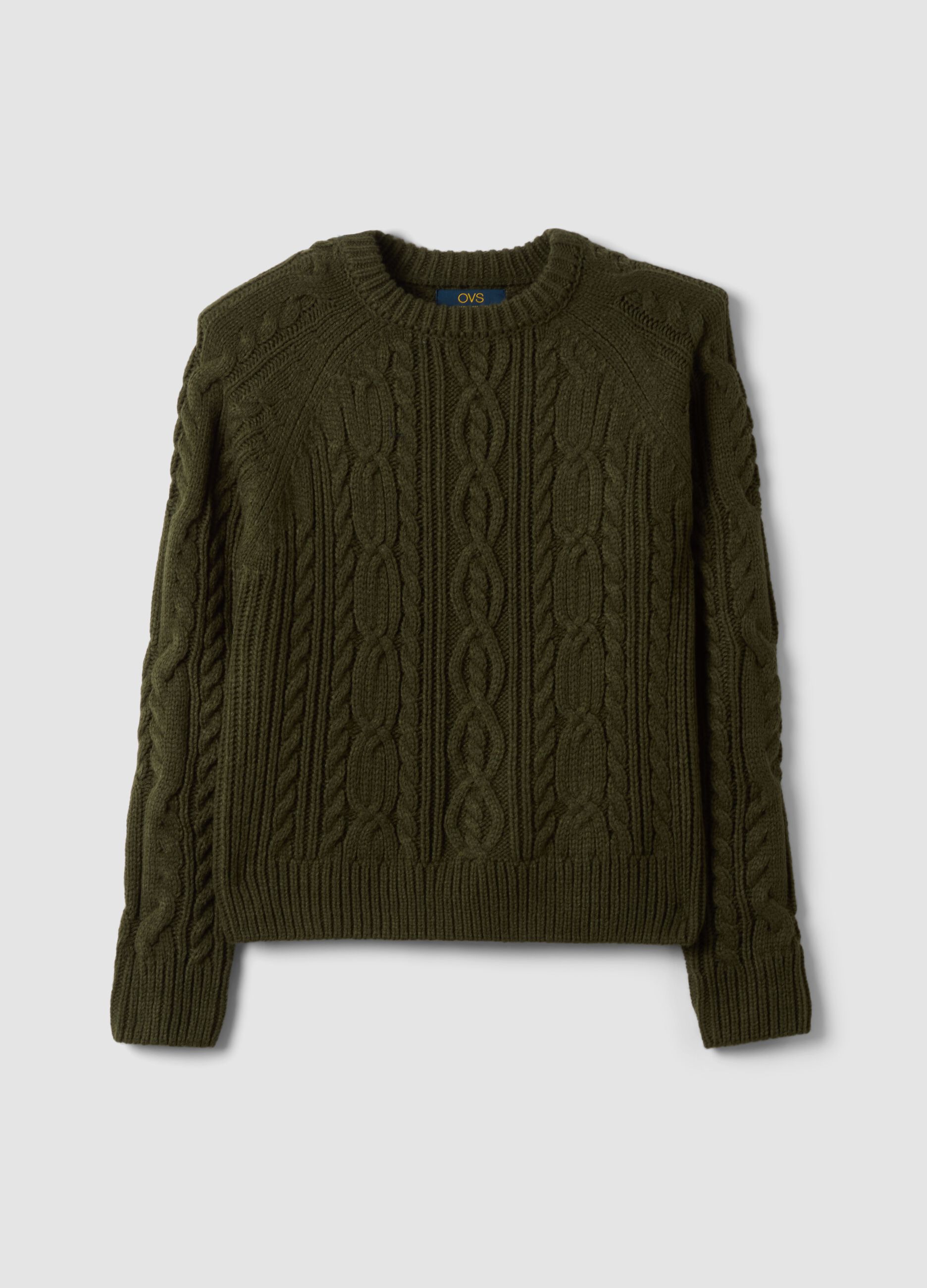 Green cable-knit wool-blend crew neck jumper
