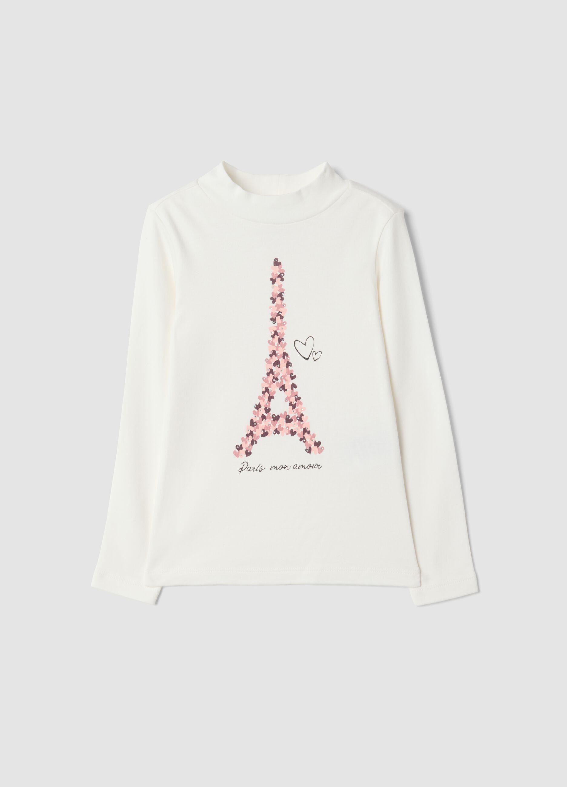 T-shirt bianca con collo rialzato in puro cotone organico con stampa