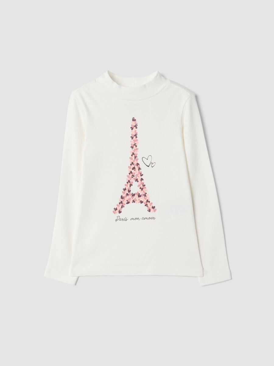 White high-neck T-shirt in pure organic cotton with print_0