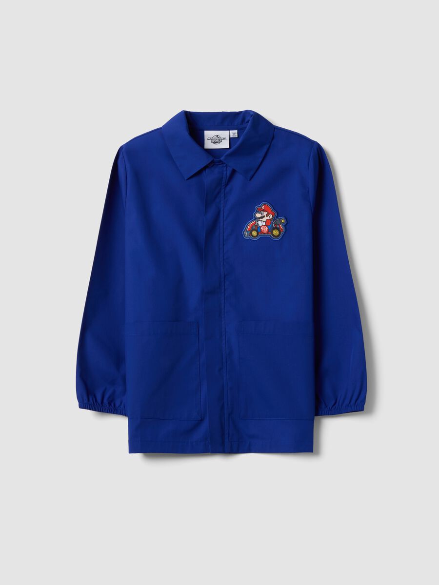 Blue boys&rsquo; school apron with zip and Mario Kart embroidery_0