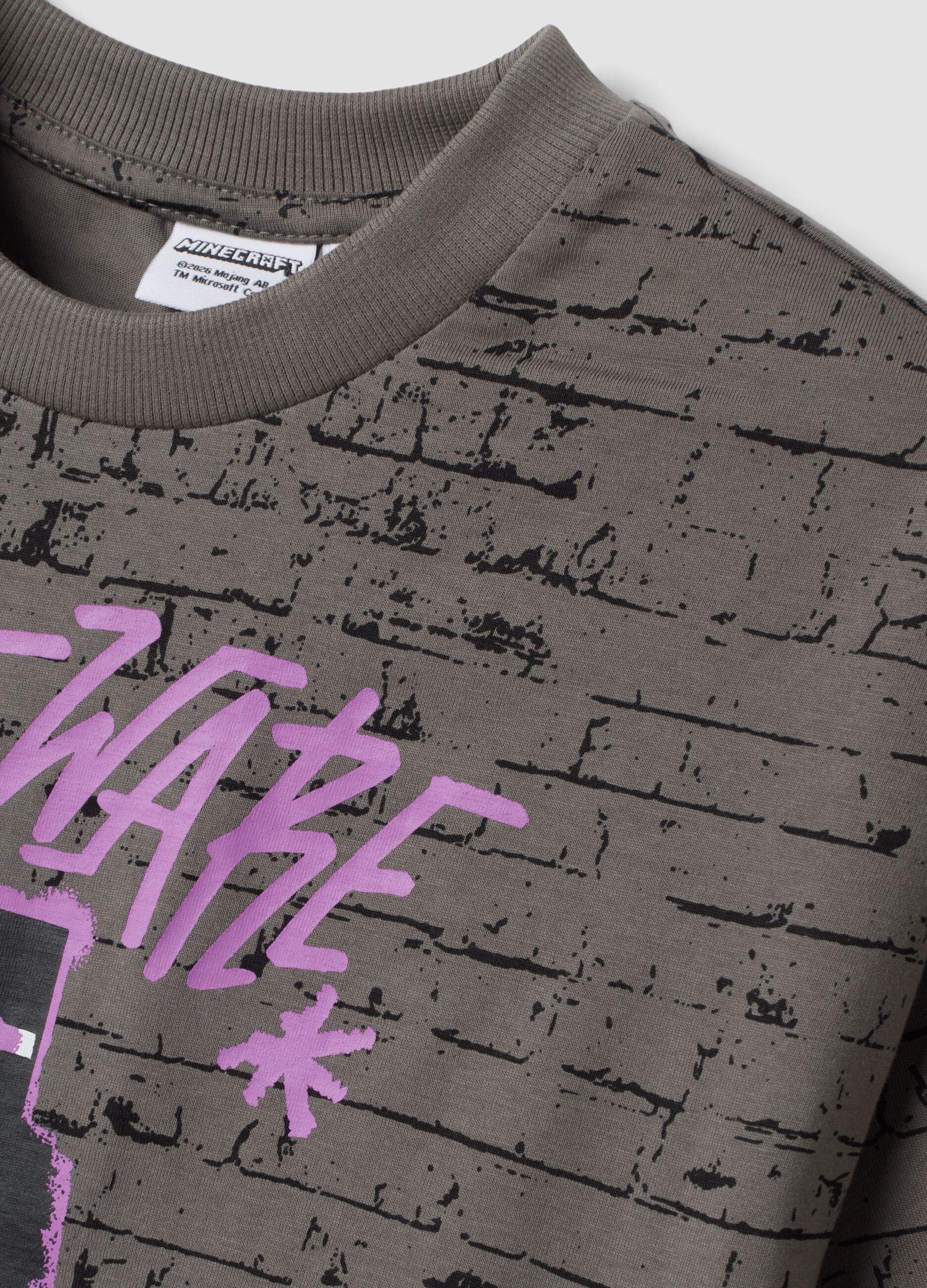 Grey pure cotton crew-neck Minecraft print T-shirt