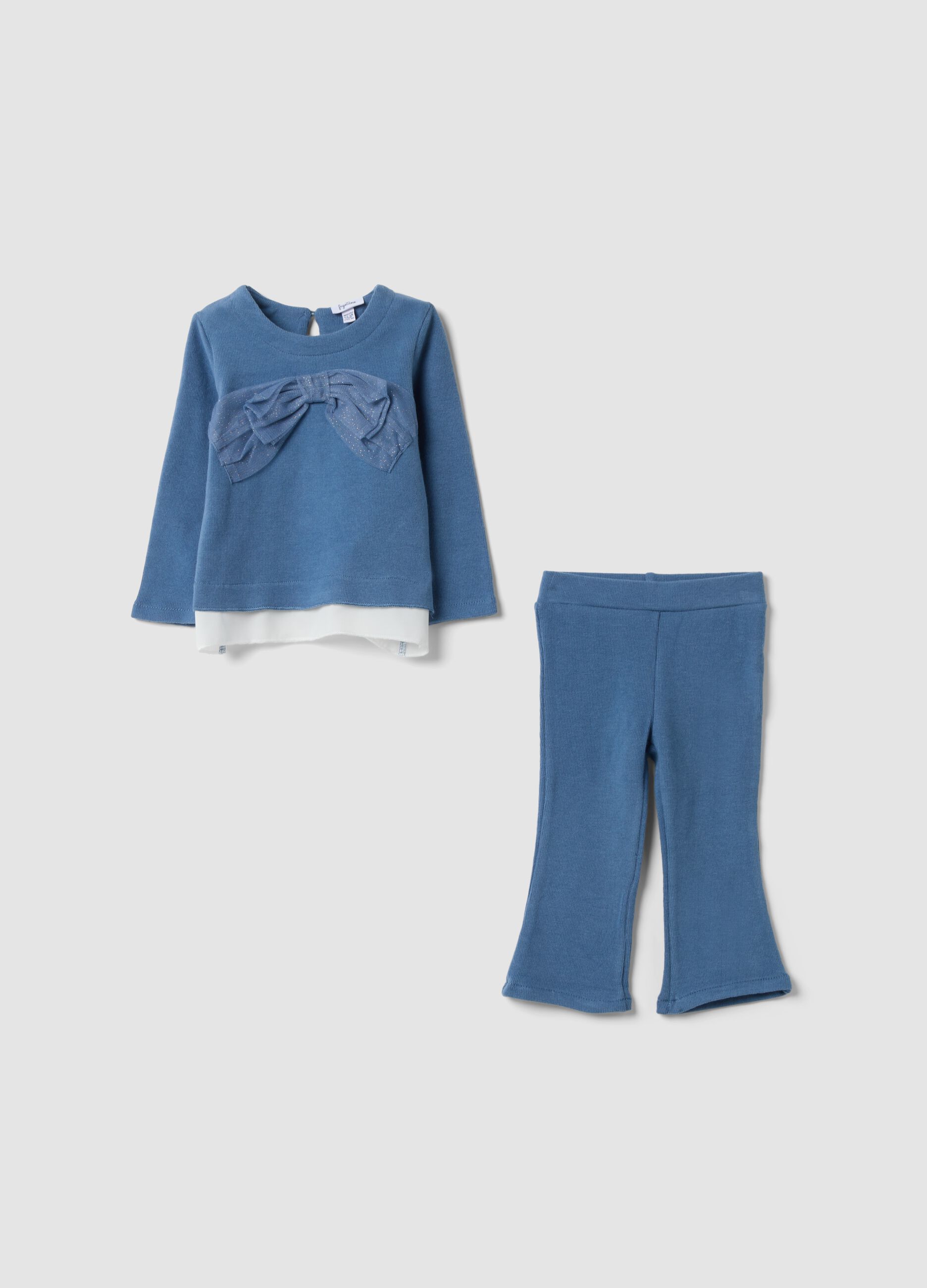 Blue cotton and stretch viscose set with bow