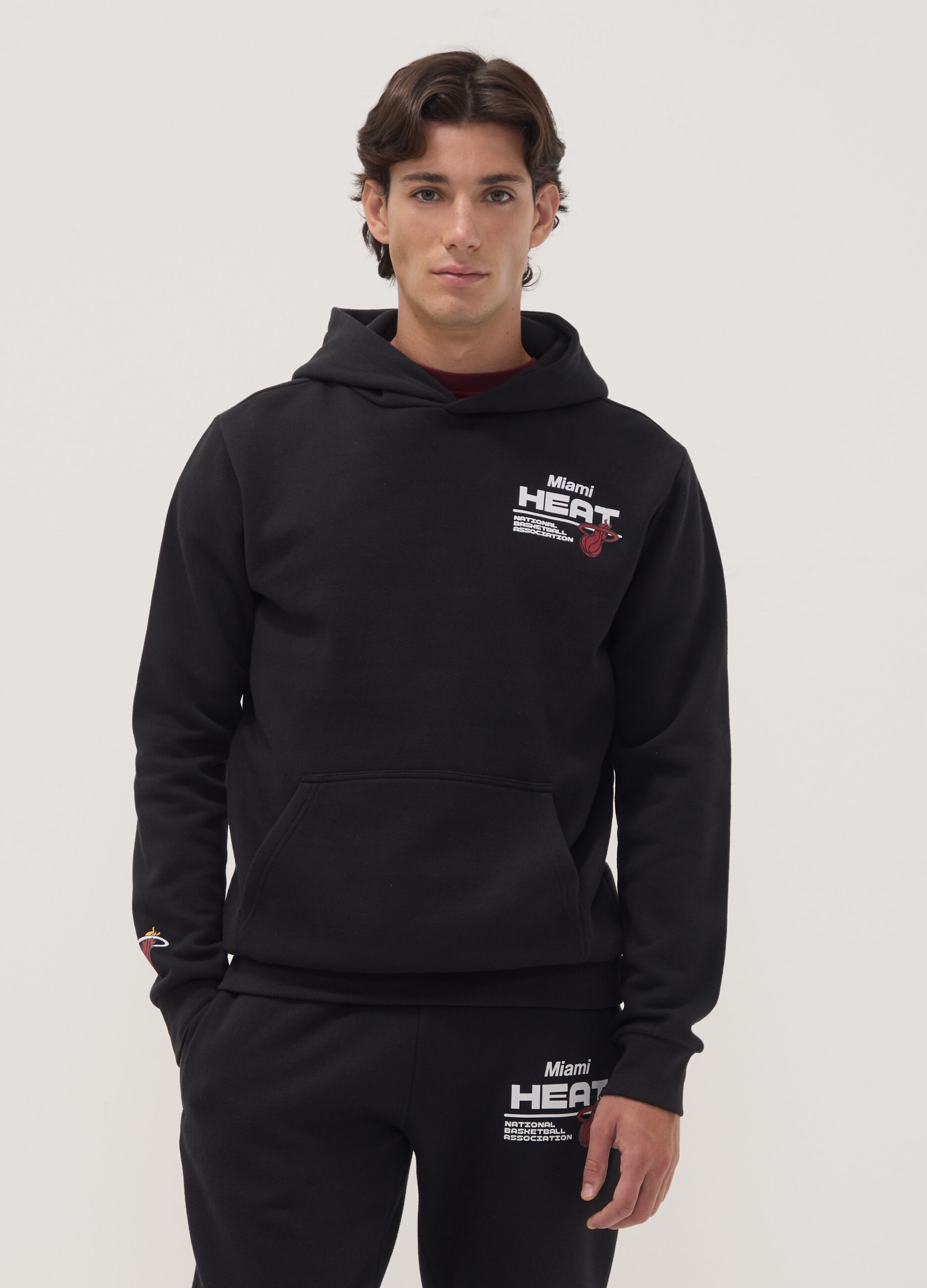 Black cotton-blend hoodie with Miami Heat print