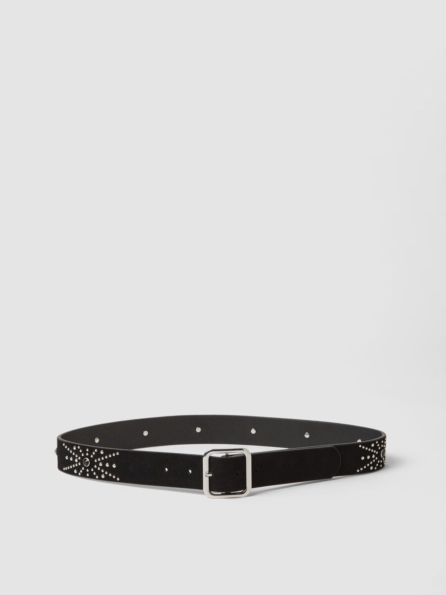 Black genuine leather studded belt_0