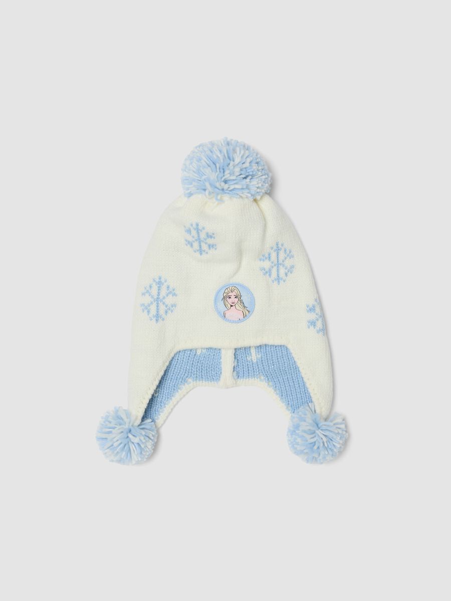 Cream White Knit Hat with Earflaps and Frozen Pom-Poms_0
