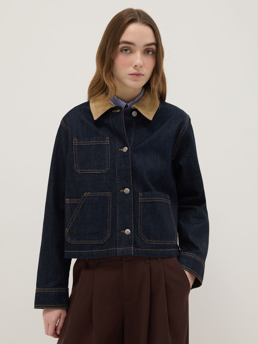 Pure cotton blue regular fit jacket with contrasting collar and pockets_1