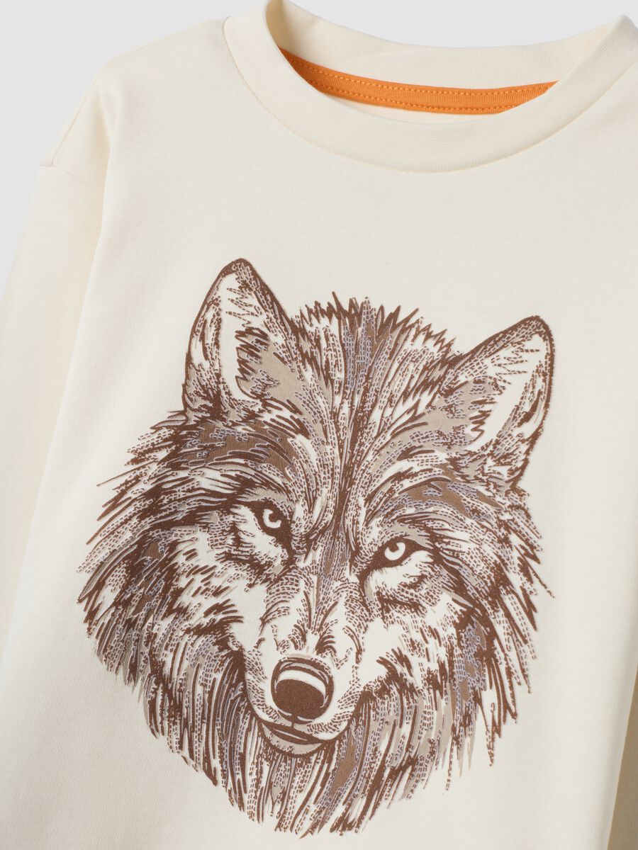 White pure cotton crew-neck T-shirt with wolf print, oversized fit_2