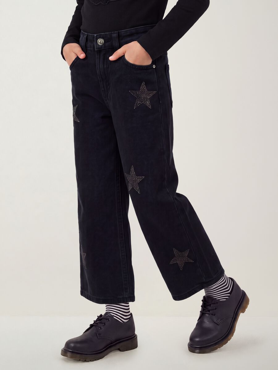 Jeans blu wide leg in puro cotone con stelle_1