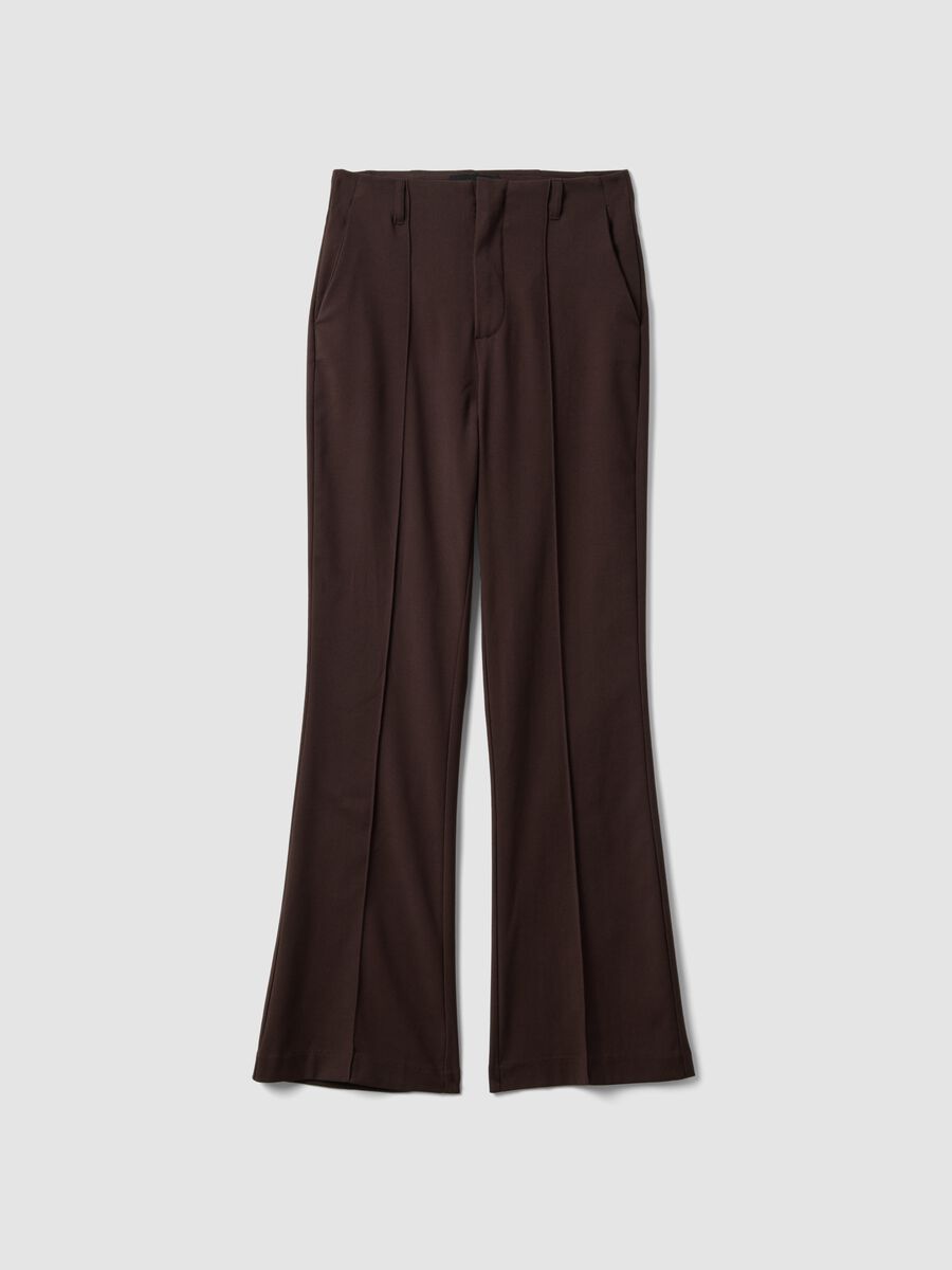 Brown Flared Formal Trousers in Stretch Viscose_0