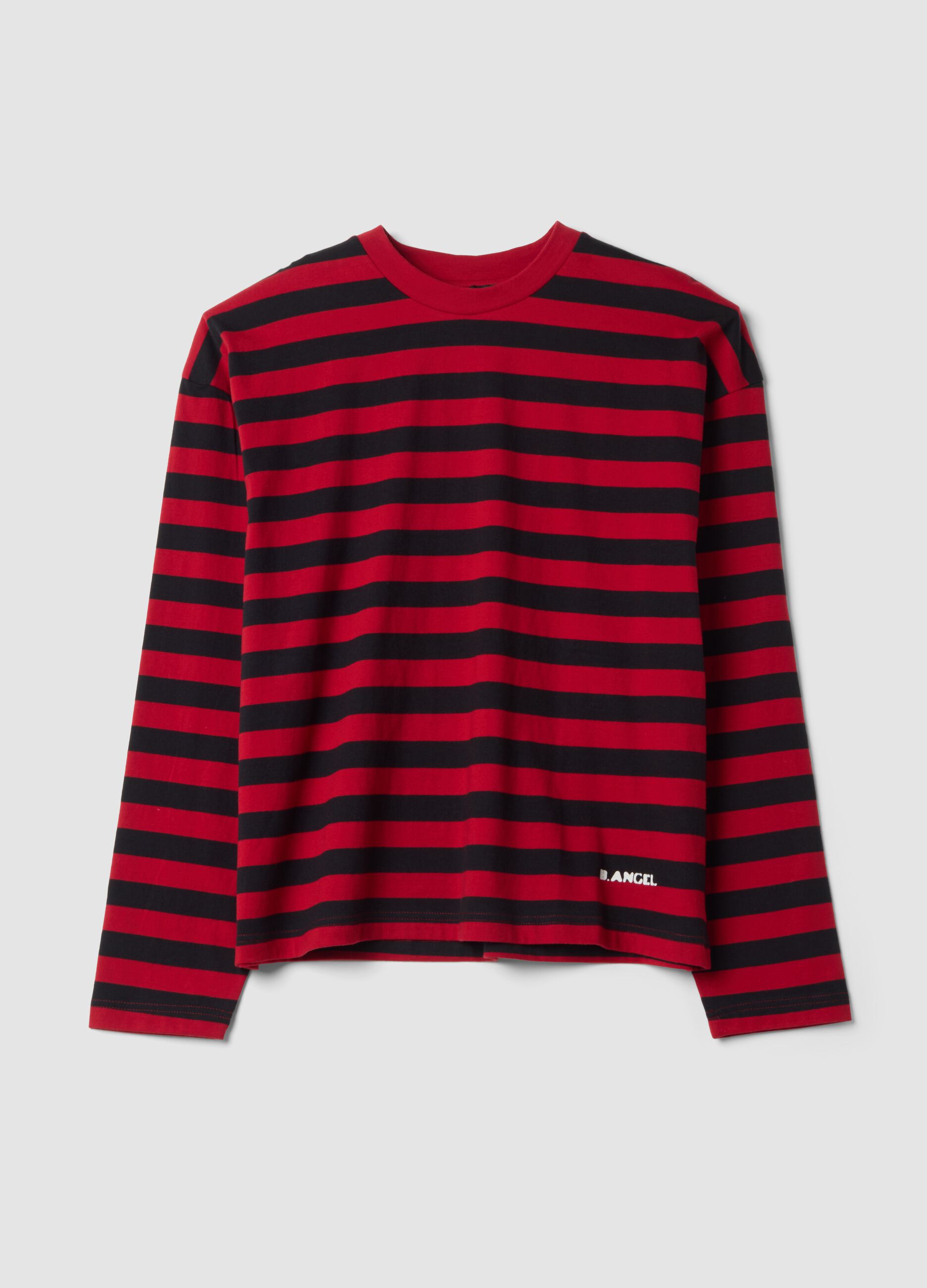 Red and blue striped crew-neck T-shirt in pure cotton, oversized fit