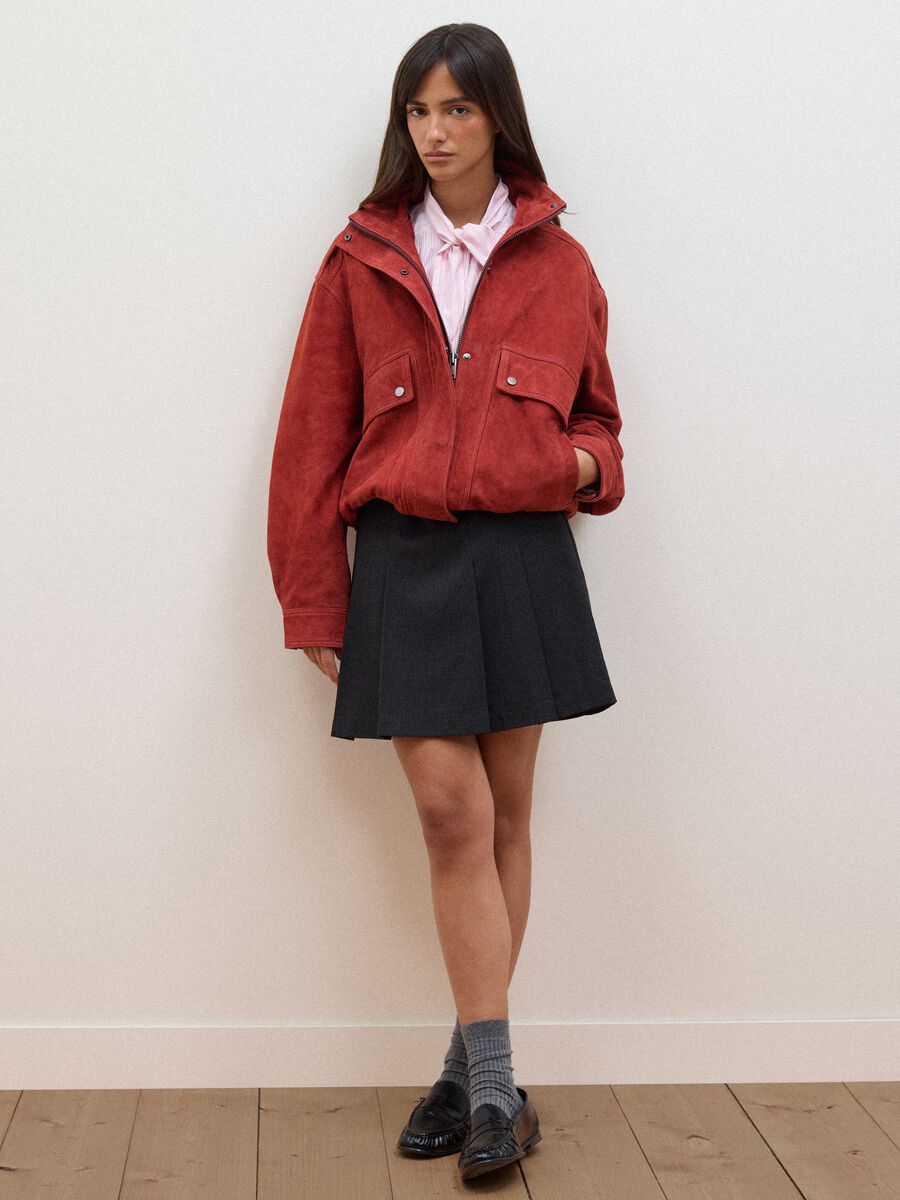 Red genuine leather bomber jacket with zip and press studs, regular fit_1