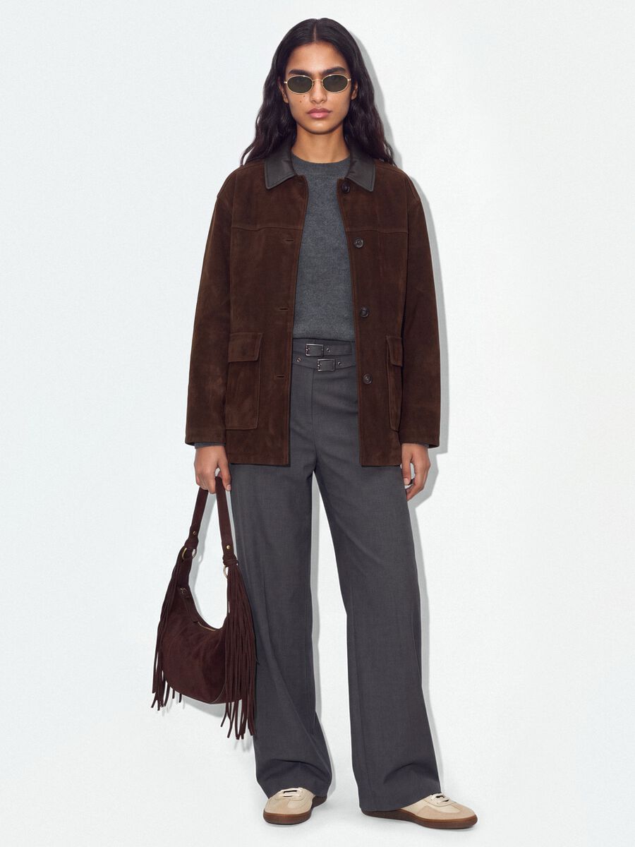 Grey formal stretch-viscose trousers with belt_0