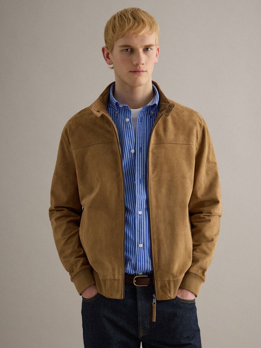 Beige Genuine Leather Jacket Regular Fit with Zip_1
