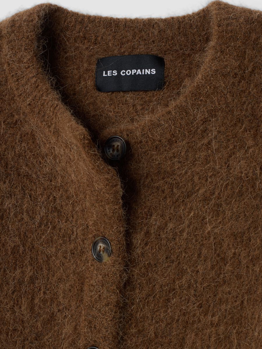 Cardigan marrone in alpaca e lana elasticizzata girocollo_1