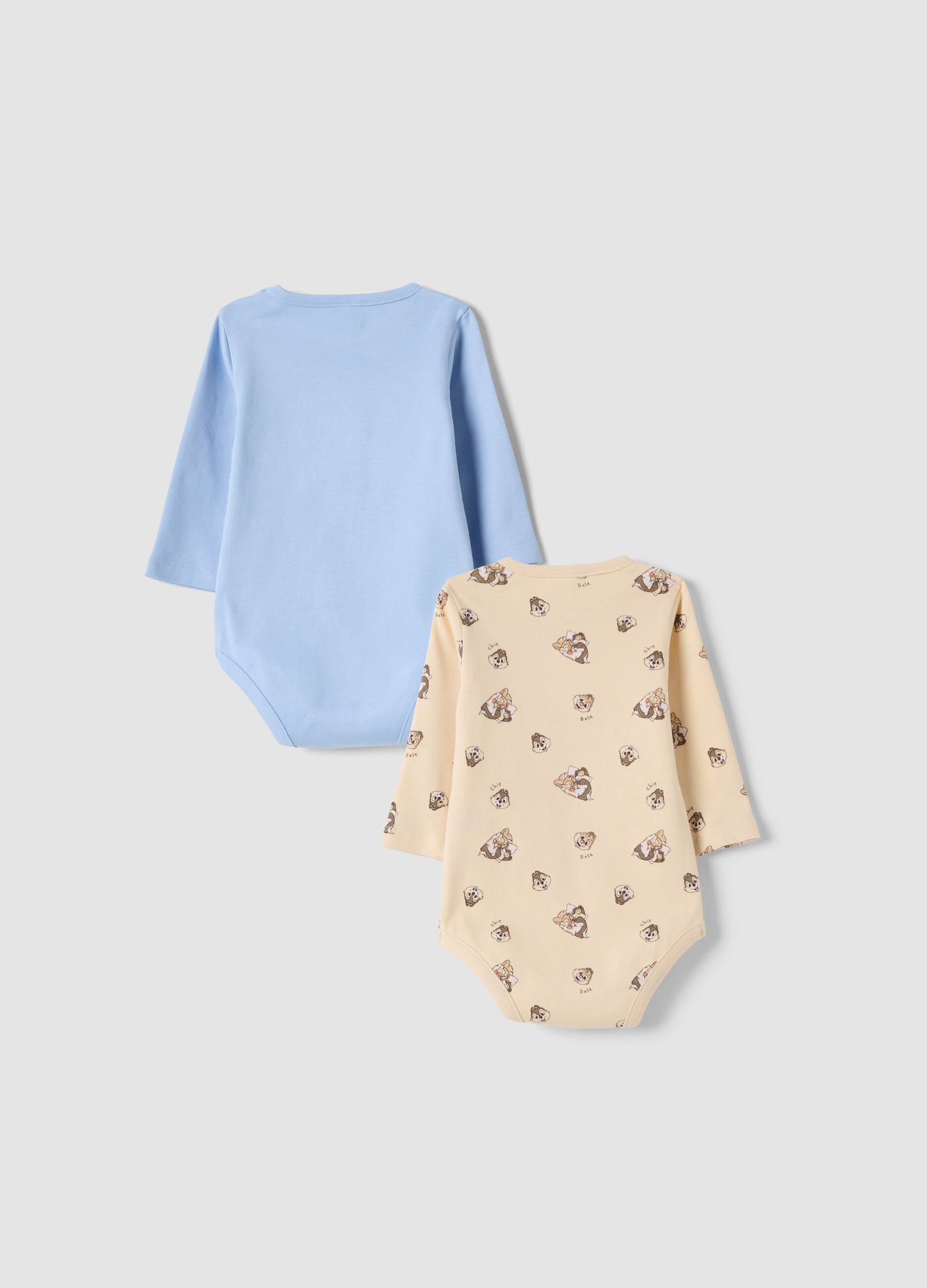 2-pack blue and orange organic cotton bodysuits with Chip and Dale print