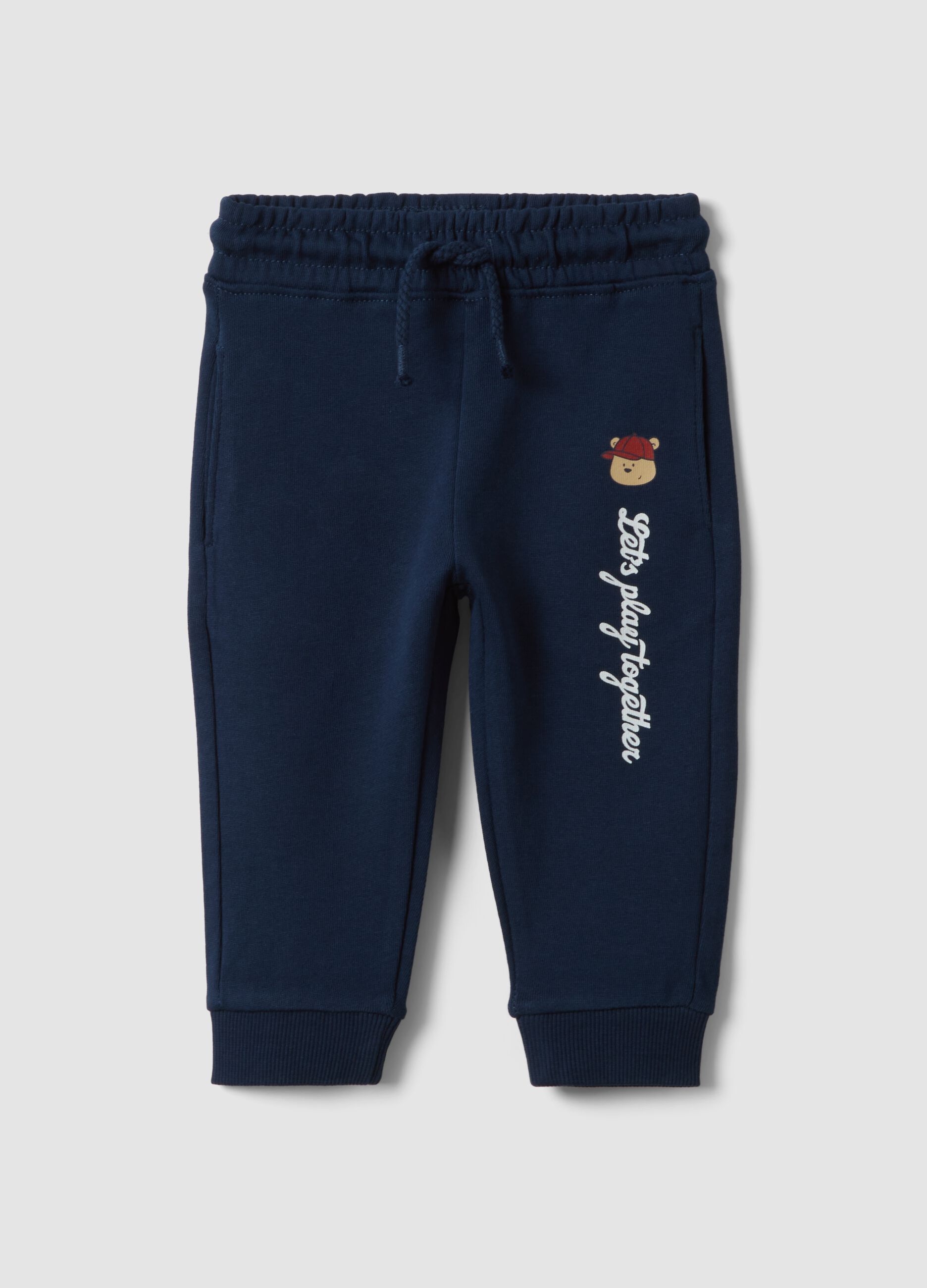 Blue pure cotton jogger trousers with teddy bear print