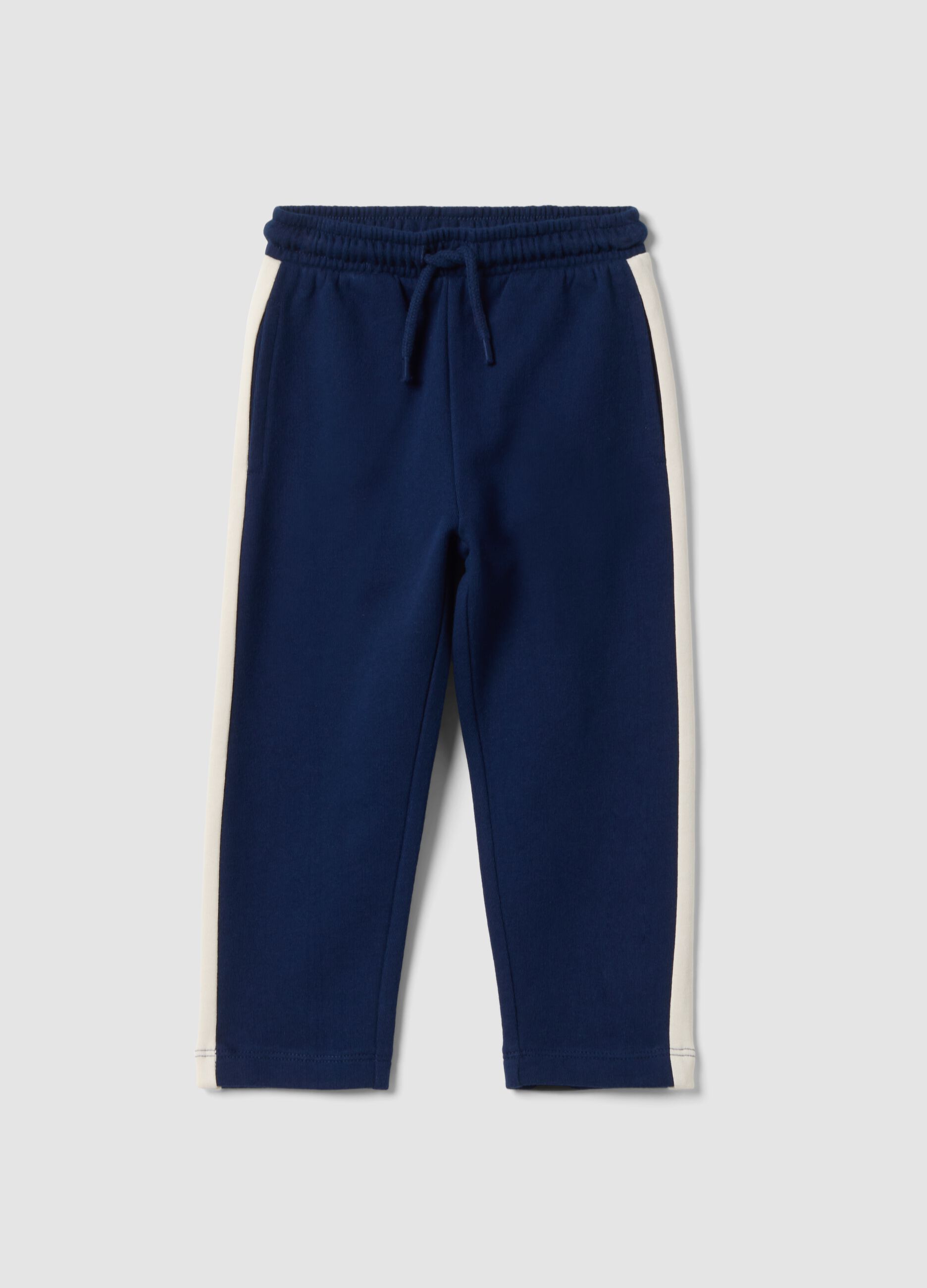 Blue organic cotton joggers with contrast side stripes