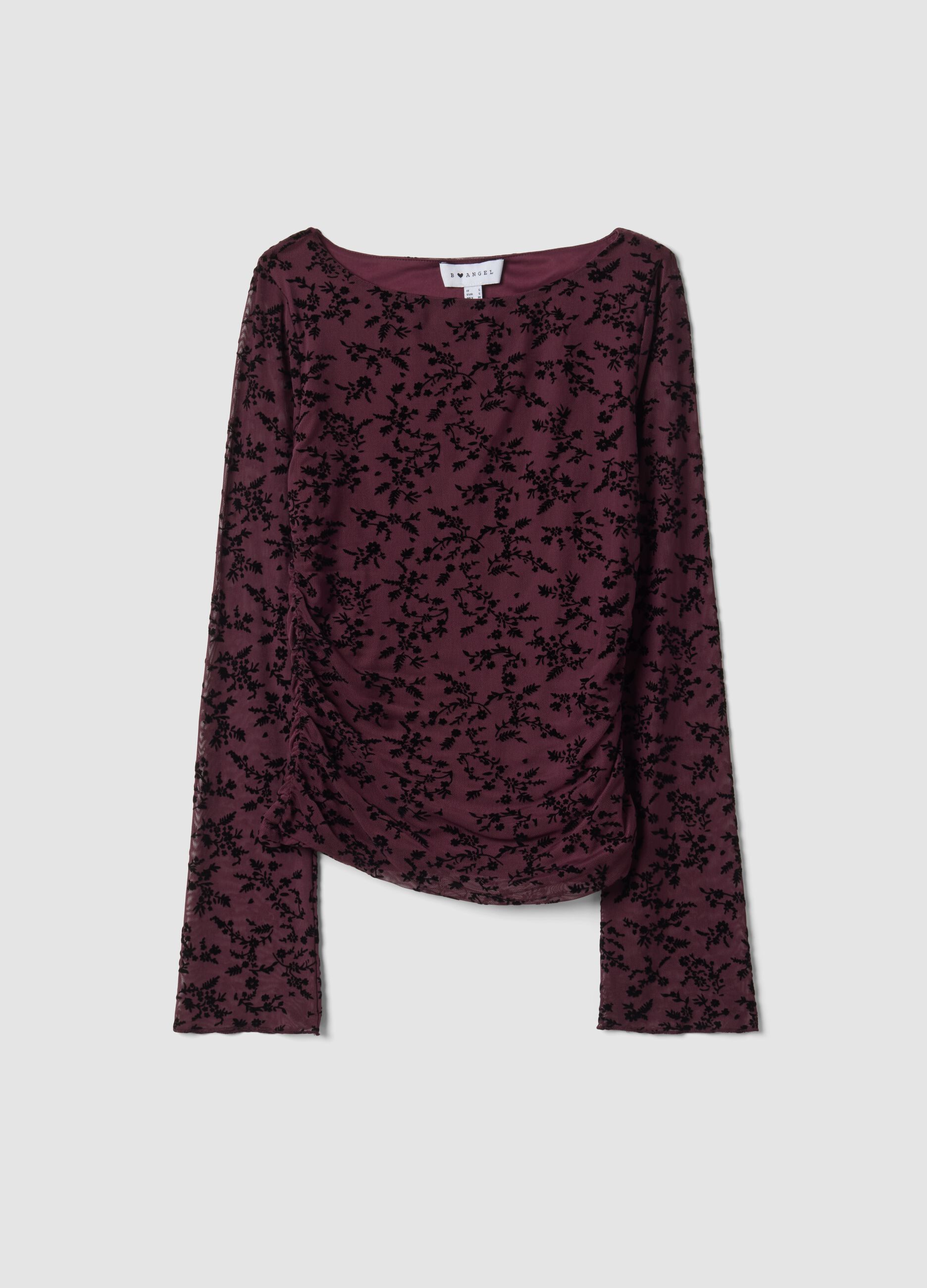 Purple stretch T-shirt with flocked floral motif