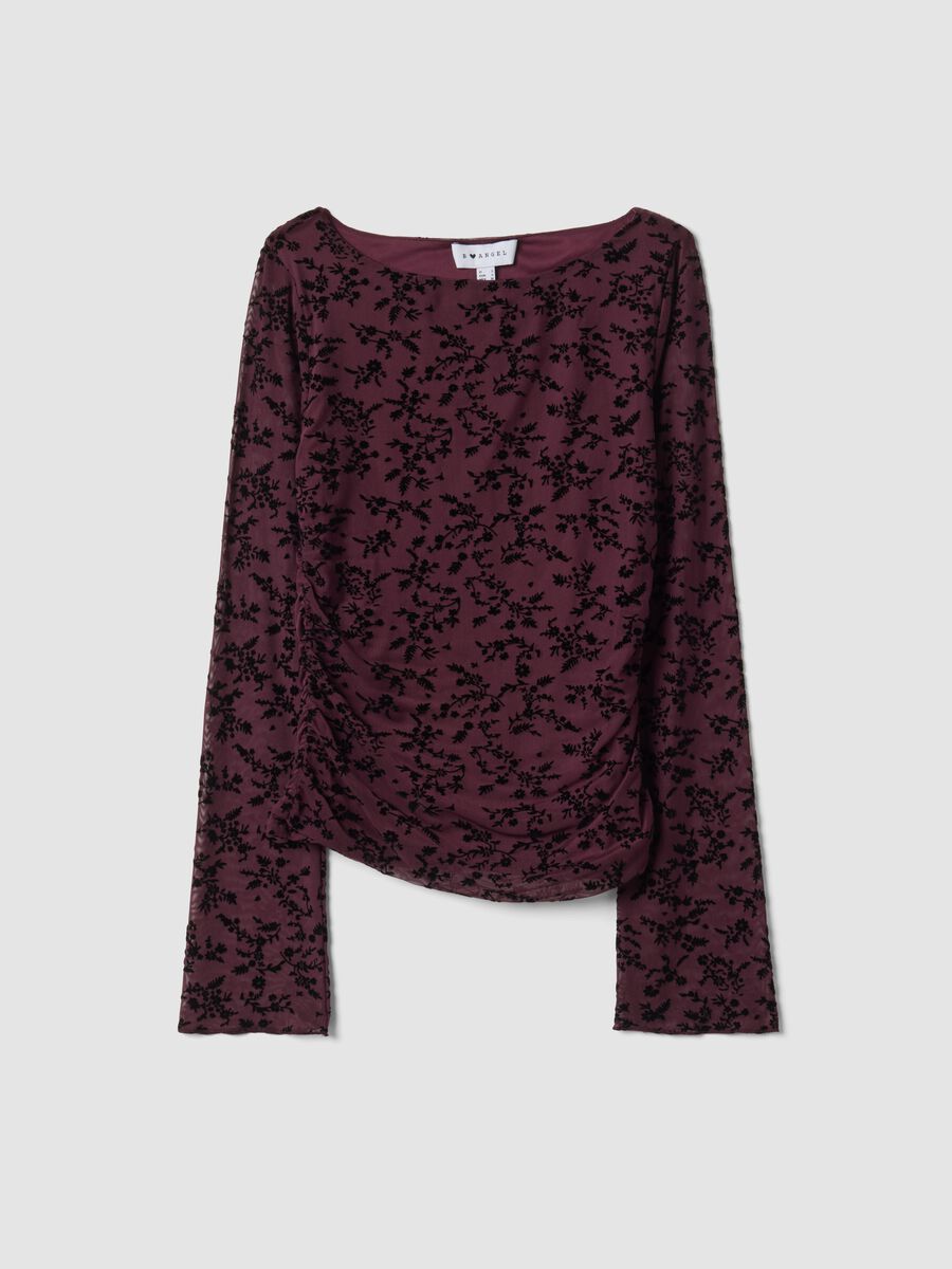 Purple stretch T-shirt with flocked floral motif_0