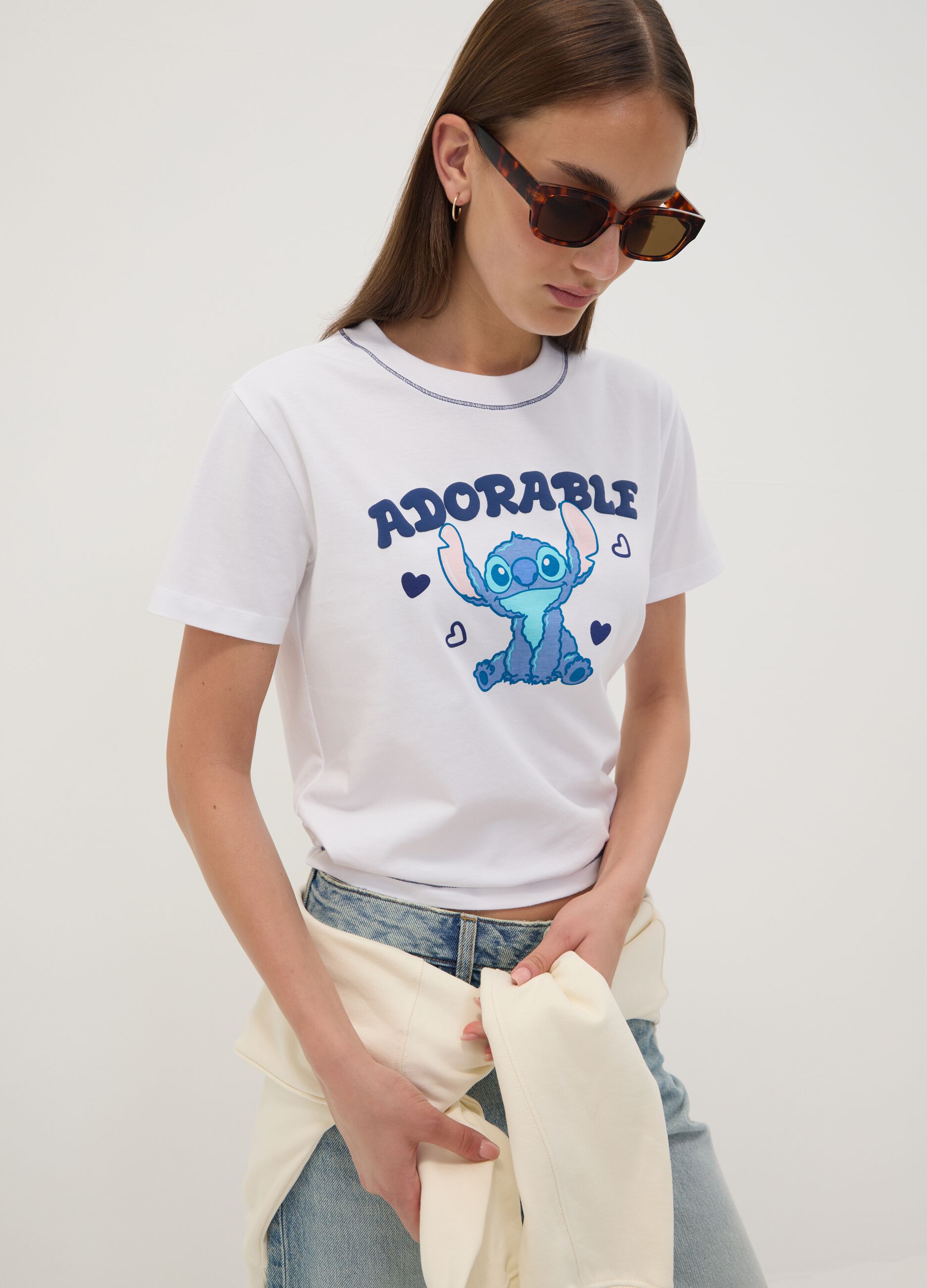 White pure cotton T-shirt with Stitch print, regular fit