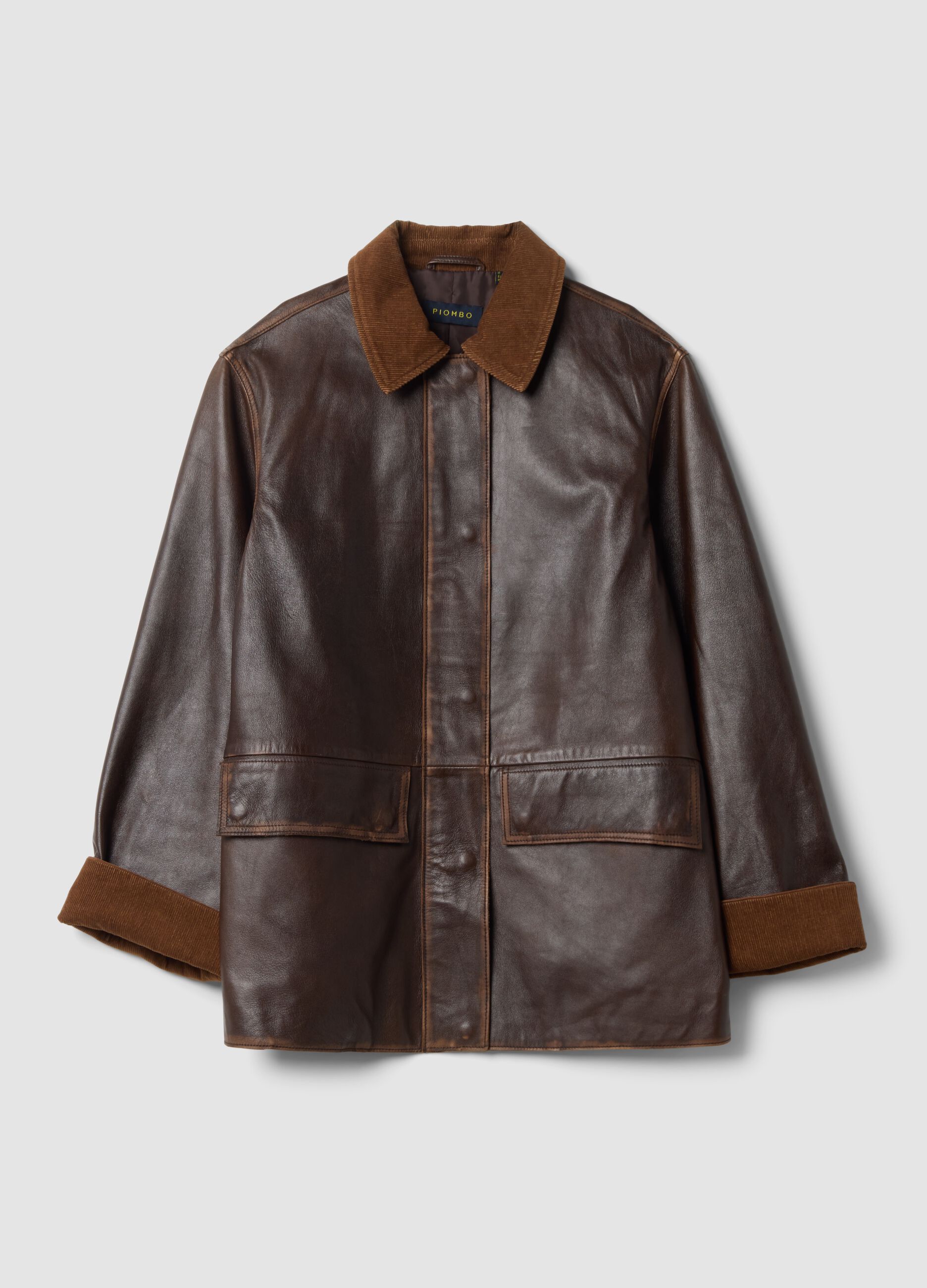Brown genuine leather jacket with corduroy collar, regular fit